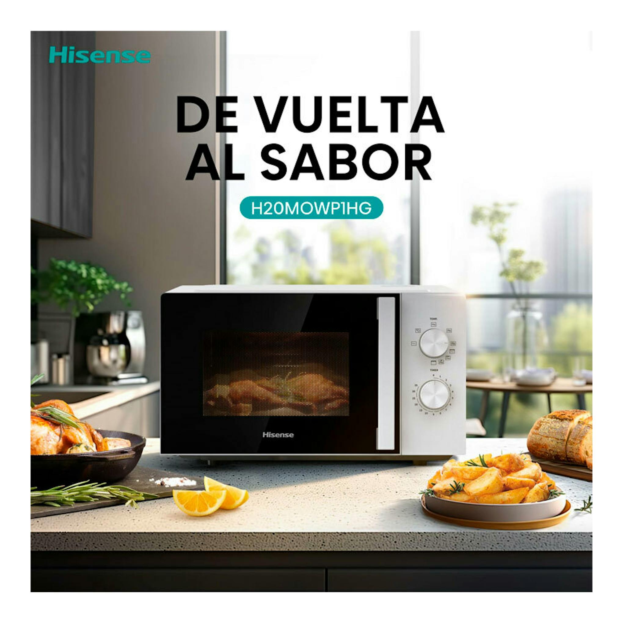 Microondas Hisense H20MOWP1HG negro, vista frontal, con puerta negra y panel lateral blanco.
