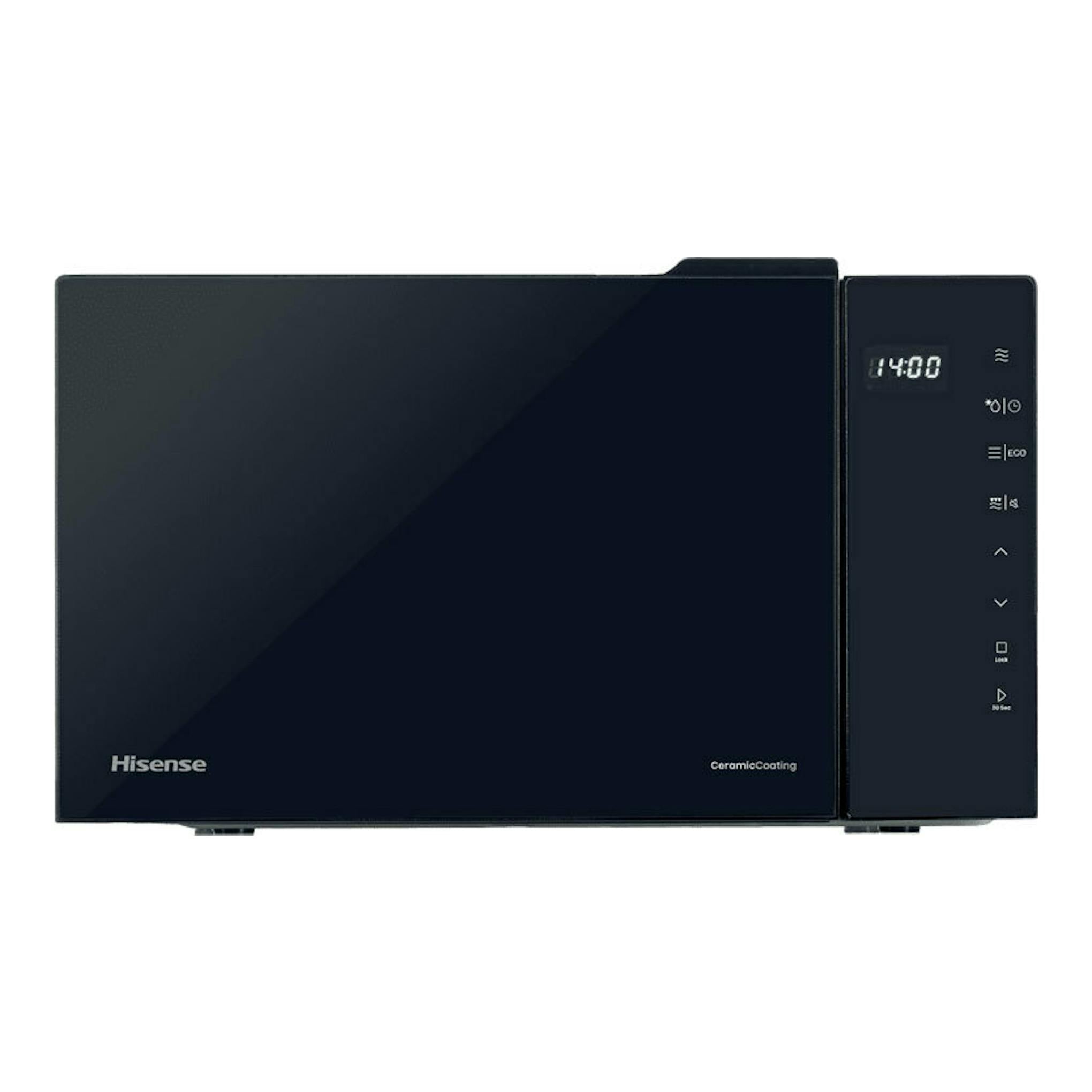 Microondas Hisense H23MOBS5HG4 negro, vista frontal, con panel digital lateral derecho.