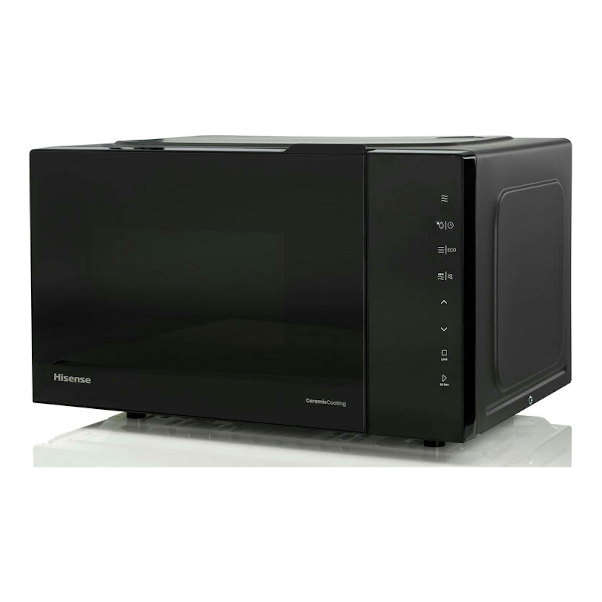 Microondas Hisense H23MOBS5HG4 negro, vista frontal en ángulo, con panel táctil lateral derecho.