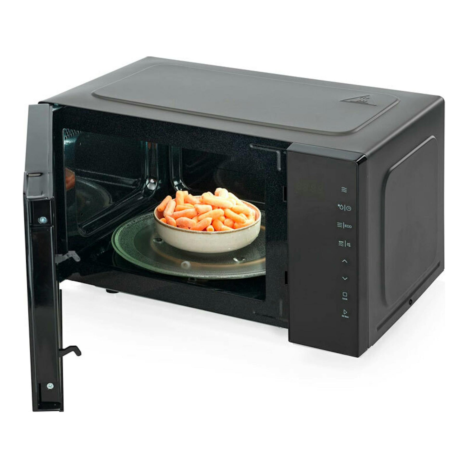 Microondas Hisense H23MOBS5HG4 negro, vista frontal izquierda con la puerta abierta y un bol dentro.