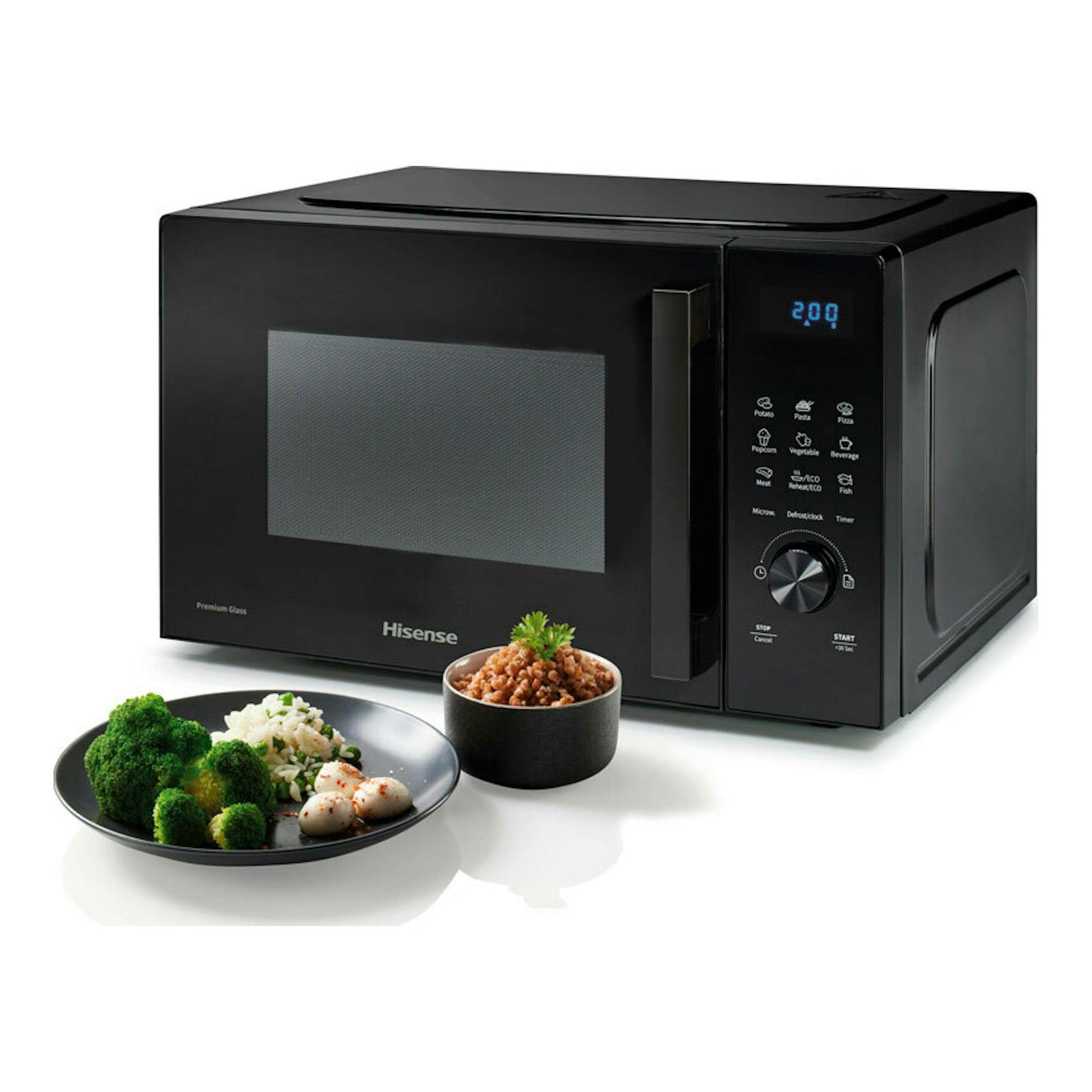 Microondas Hisense H23MOBSD1H negro, vista frontal con ángulo derecho y panel digital.