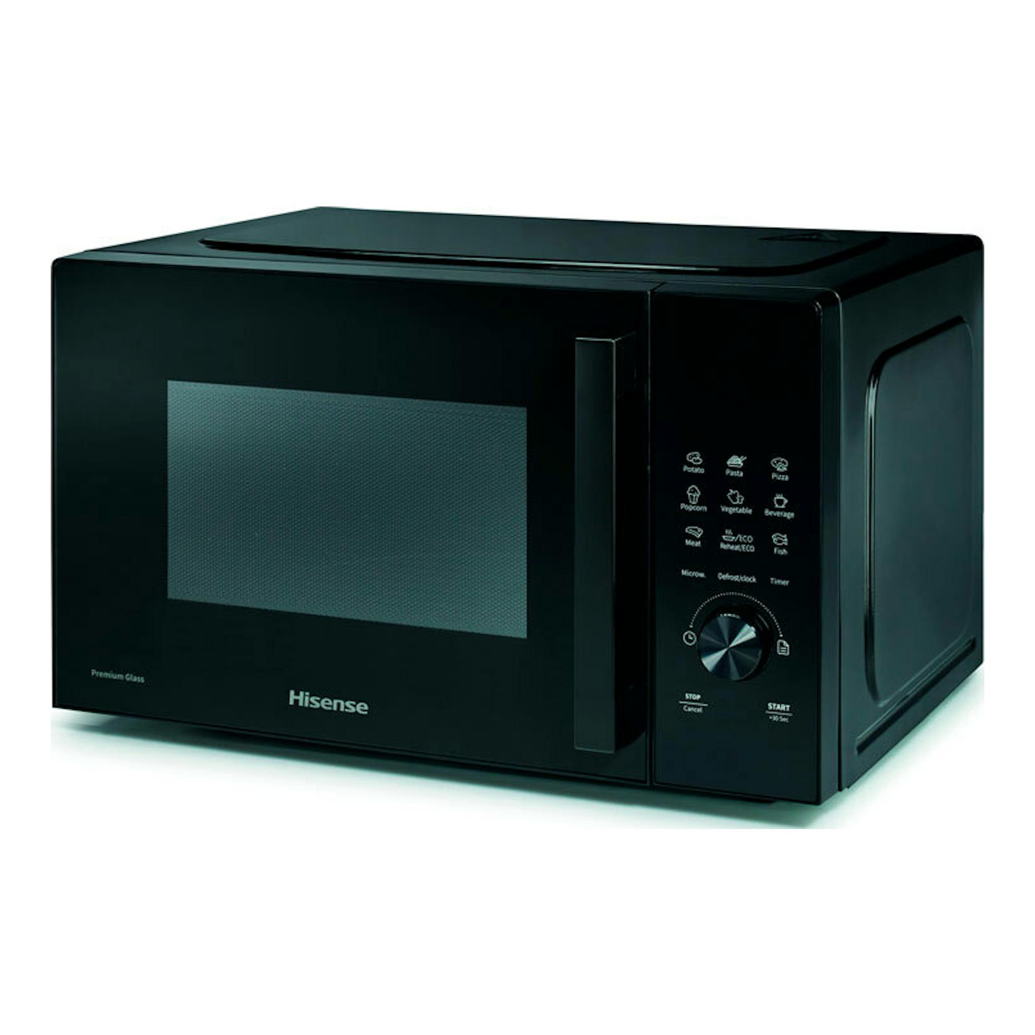 Microondas Hisense H23MOBSD1H negro, vista frontal derecha, con panel lateral y puerta de vidrio.