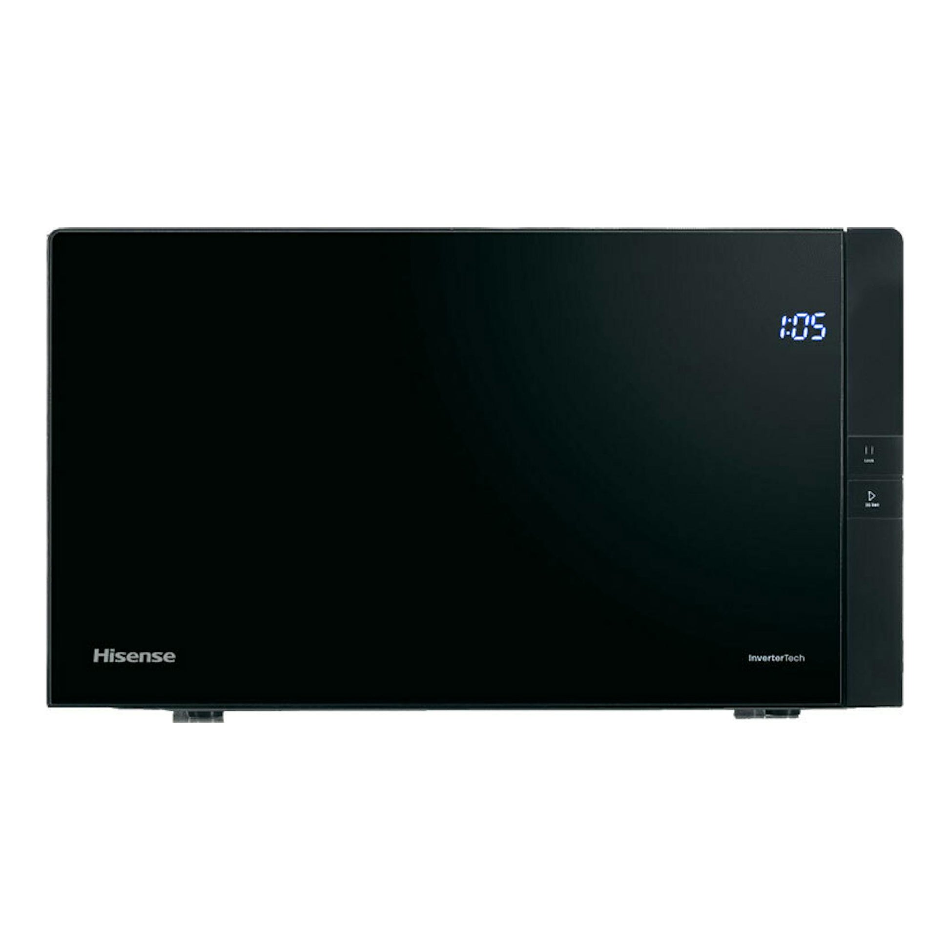 Microondas Hisense H25MOBS4HGI negro, vista frontal, con display digital azul y panel lateral derecho.