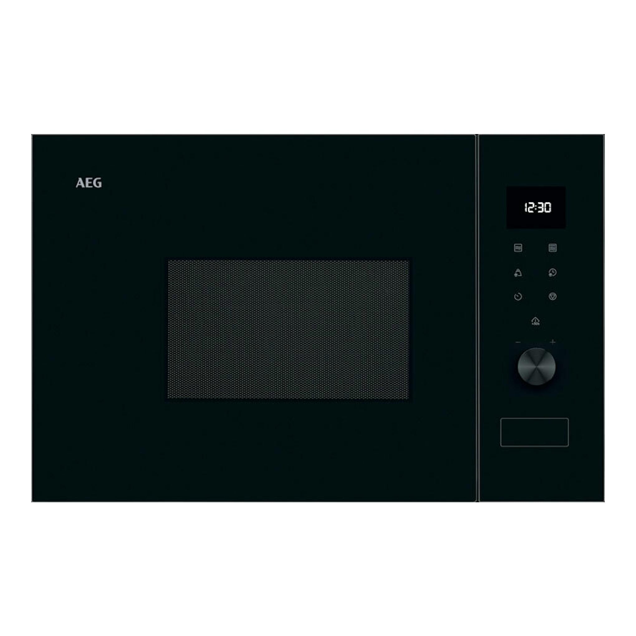 Microondas integrable AEG OS5MG20EB negro, vista frontal, con pantalla digital y mando giratorio.
