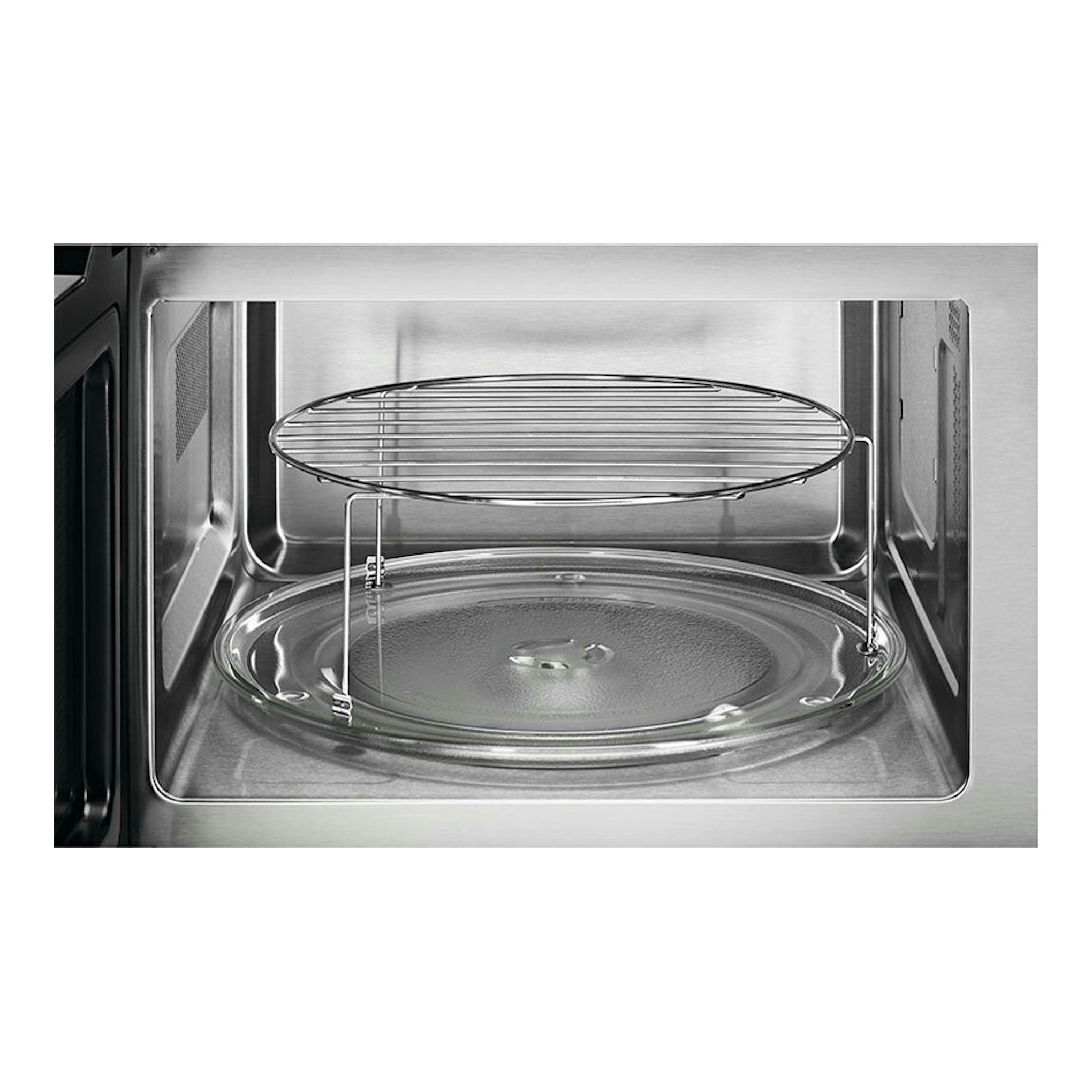 Microondas integrable AEG OS5MG20EB, interior de acero inoxidable con plato giratorio de vidrio y rejilla metálica.
