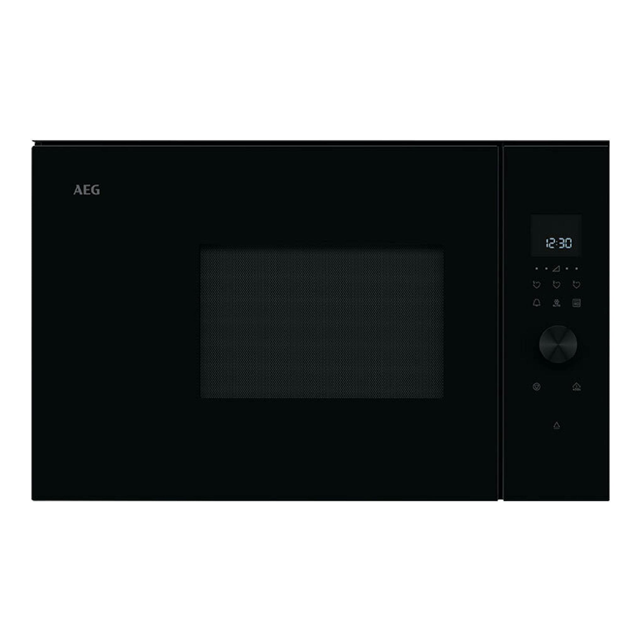 Microondas integrable AEG TB6GM171DB negro, vista frontal con panel digital y puerta con ventana.