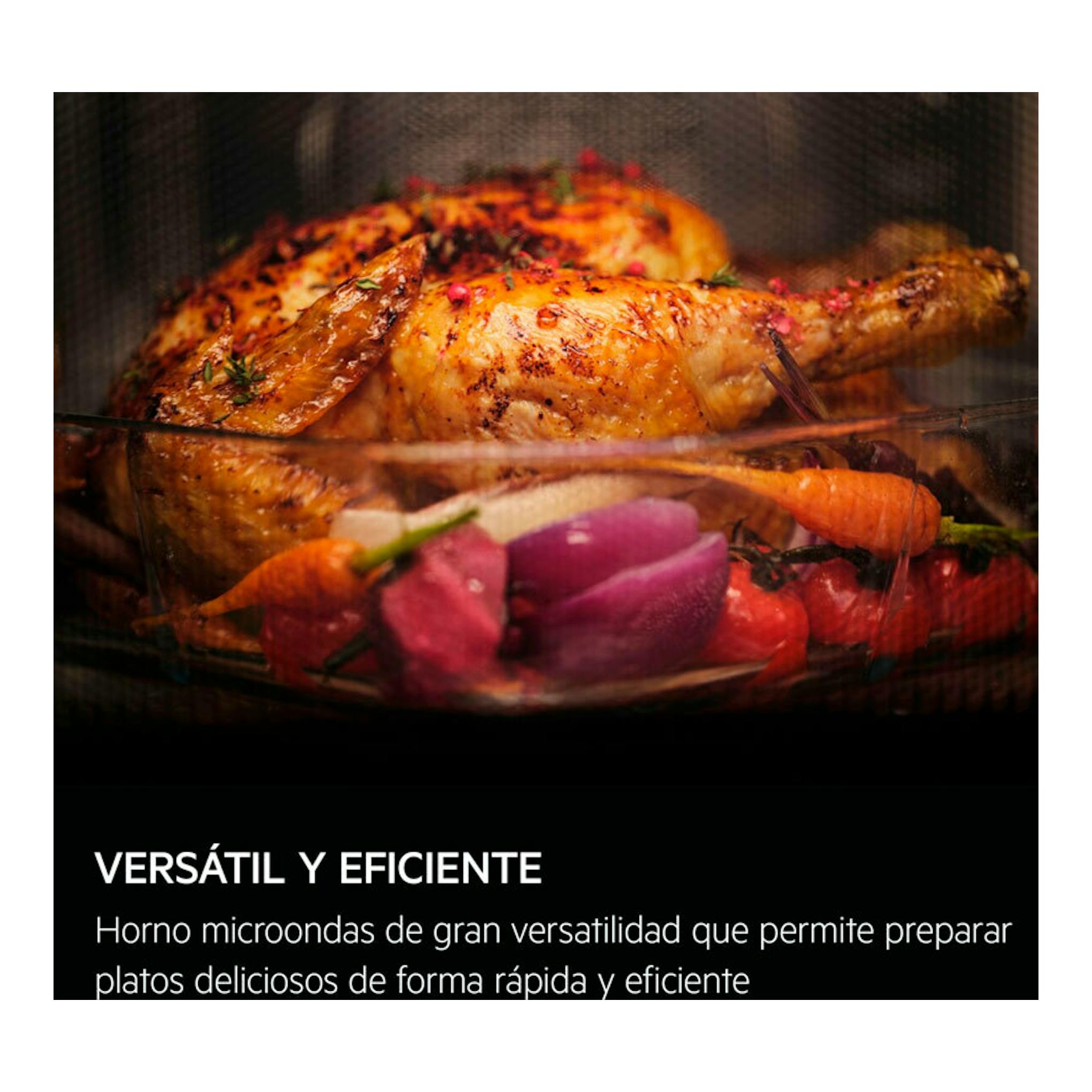AEG TB6GM171DB: pollo asado con verduras en una bandeja de horno, vista frontal con texto superpuesto.