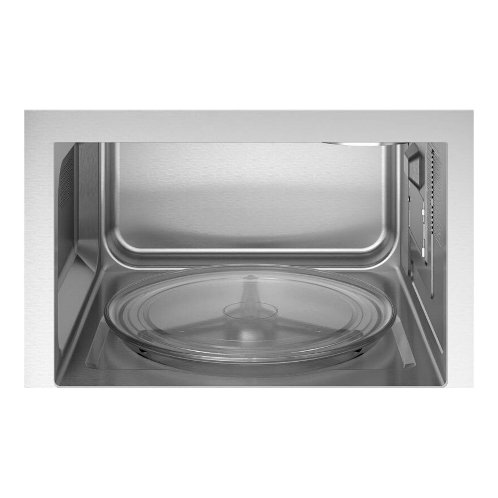 Microondas integrable AEG TB6GM171DB, vista frontal del interior en acero inoxidable con plato giratorio de vidrio.