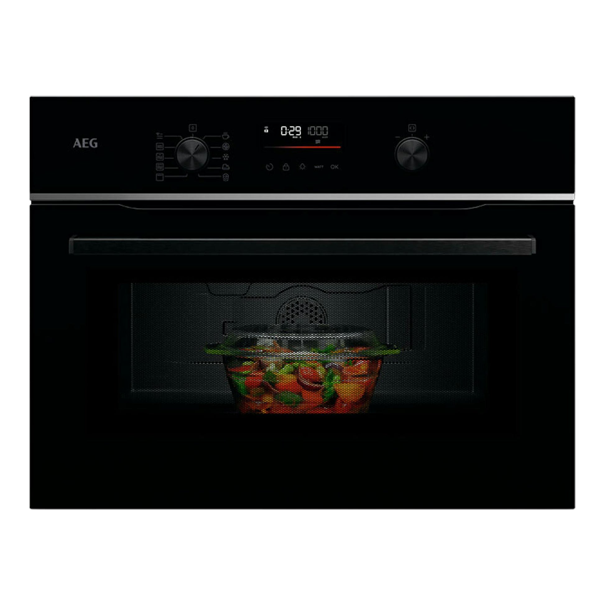 Microondas integrable AEG TM5NK401B negro, vista frontal, con panel digital y bol con comida dentro.