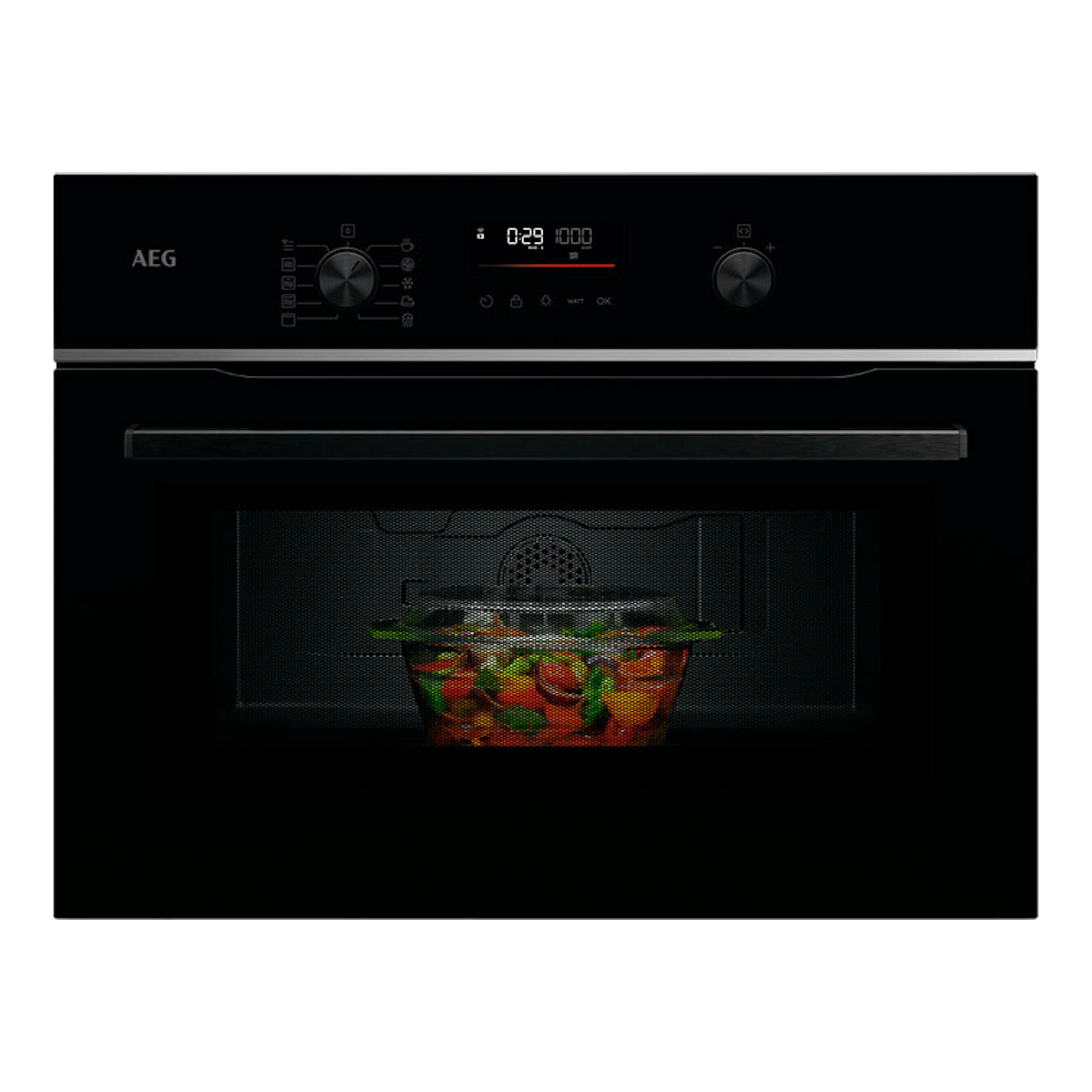 Microondas integrable AEG TM5NK401B negro, vista frontal, con panel digital y bol con comida dentro.