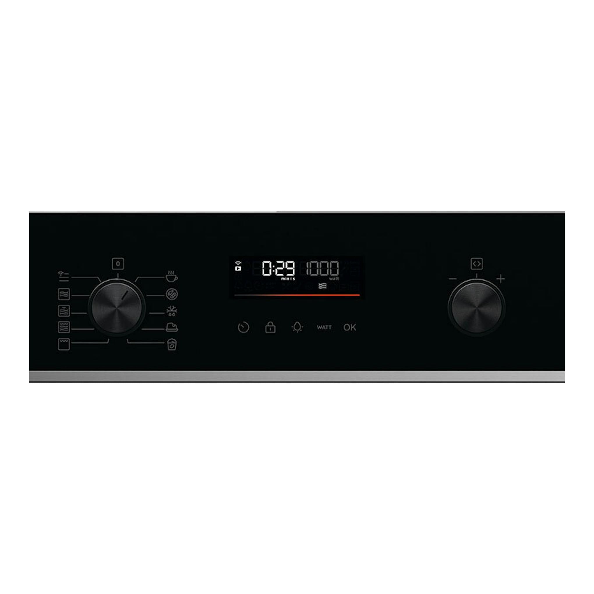 Microondas integrable AEG TM5NK401B negro, vista frontal del panel con dos mandos y display digital.