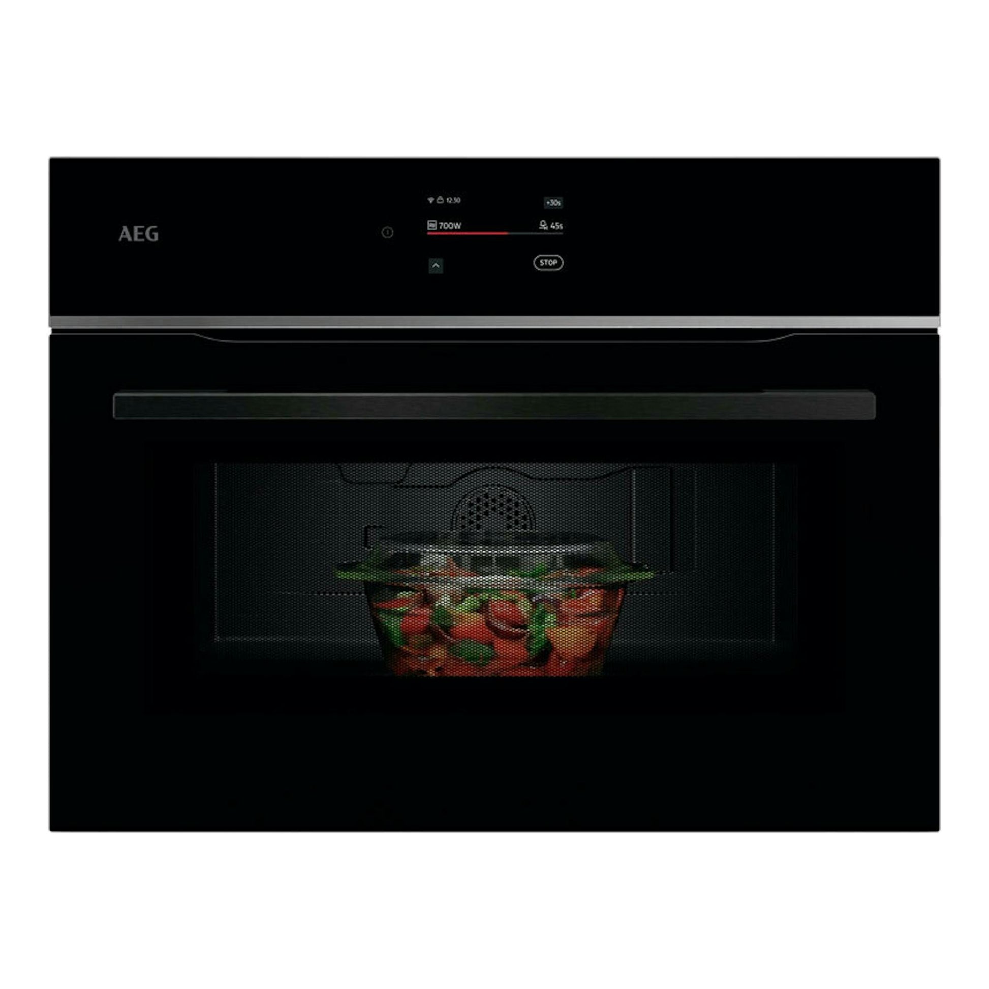 Microondas integrable AEG TM7NK721B negro, vista frontal, con panel táctil y plato dentro.