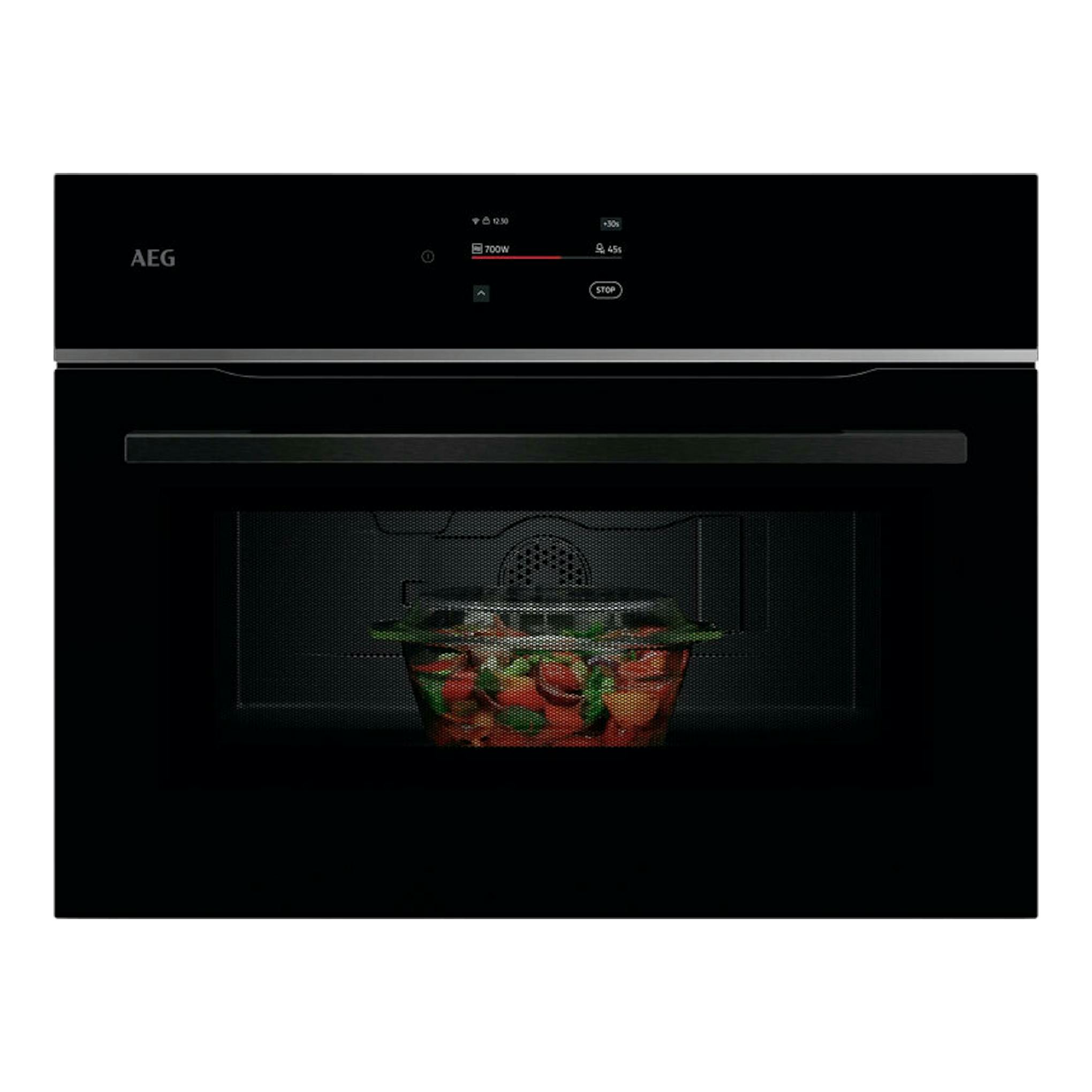 Microondas integrable AEG TM7NK721B negro, vista frontal, con panel táctil y plato dentro.