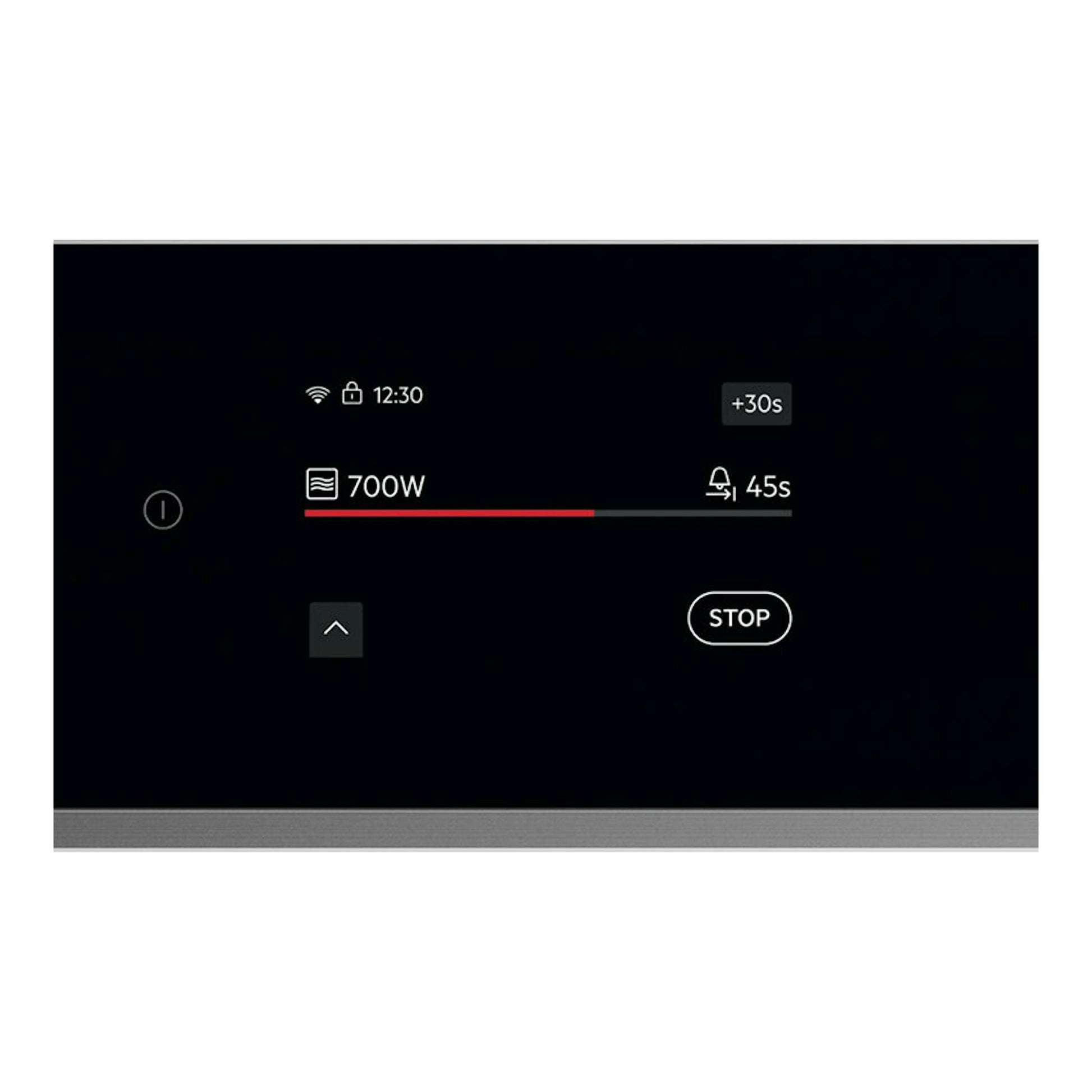 Microondas integrable AEG TM7NK721B, vista frontal negra con panel táctil y display de 700 W.