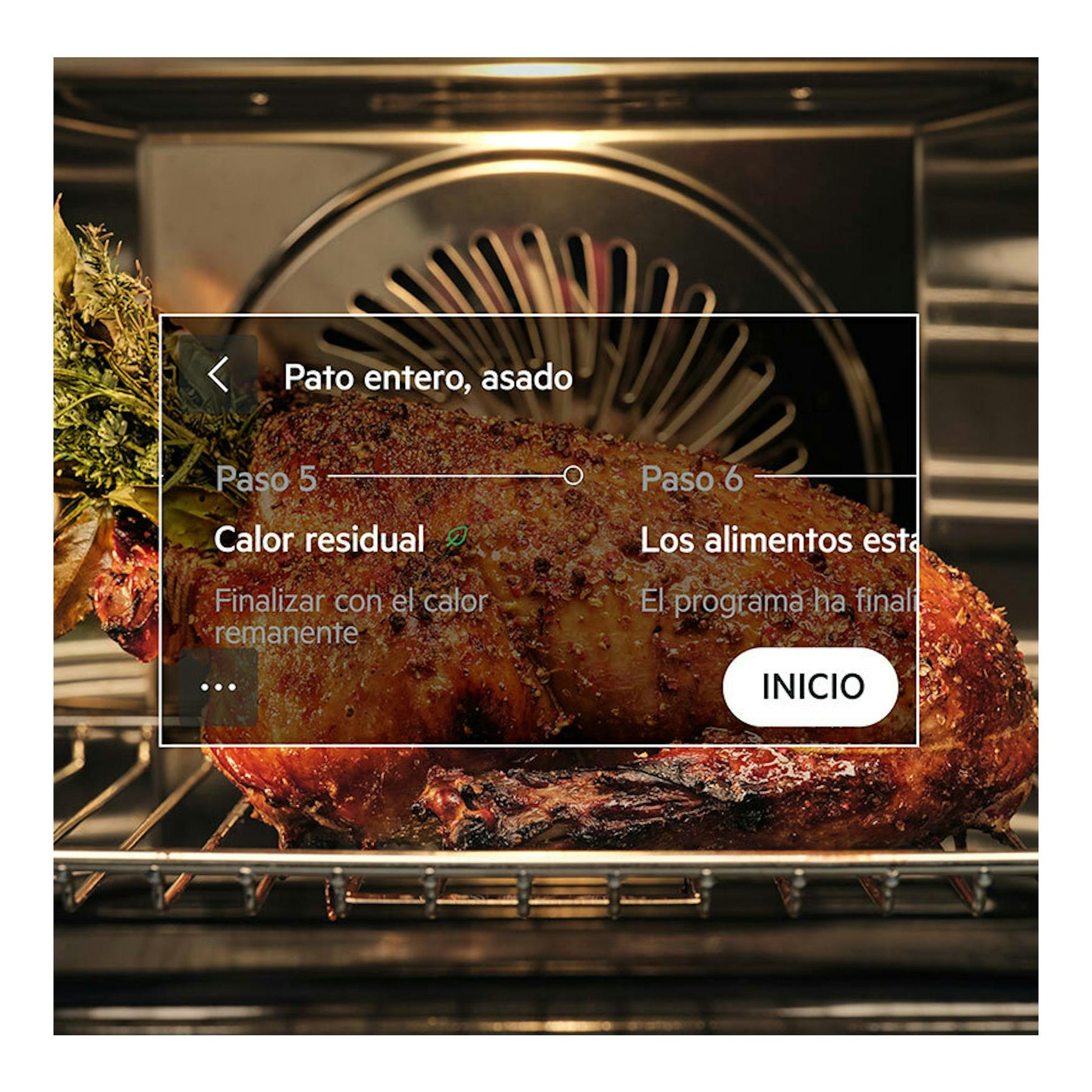 Microondas integrable AEG TM7NK721B, vista frontal del interior con un pato asado.