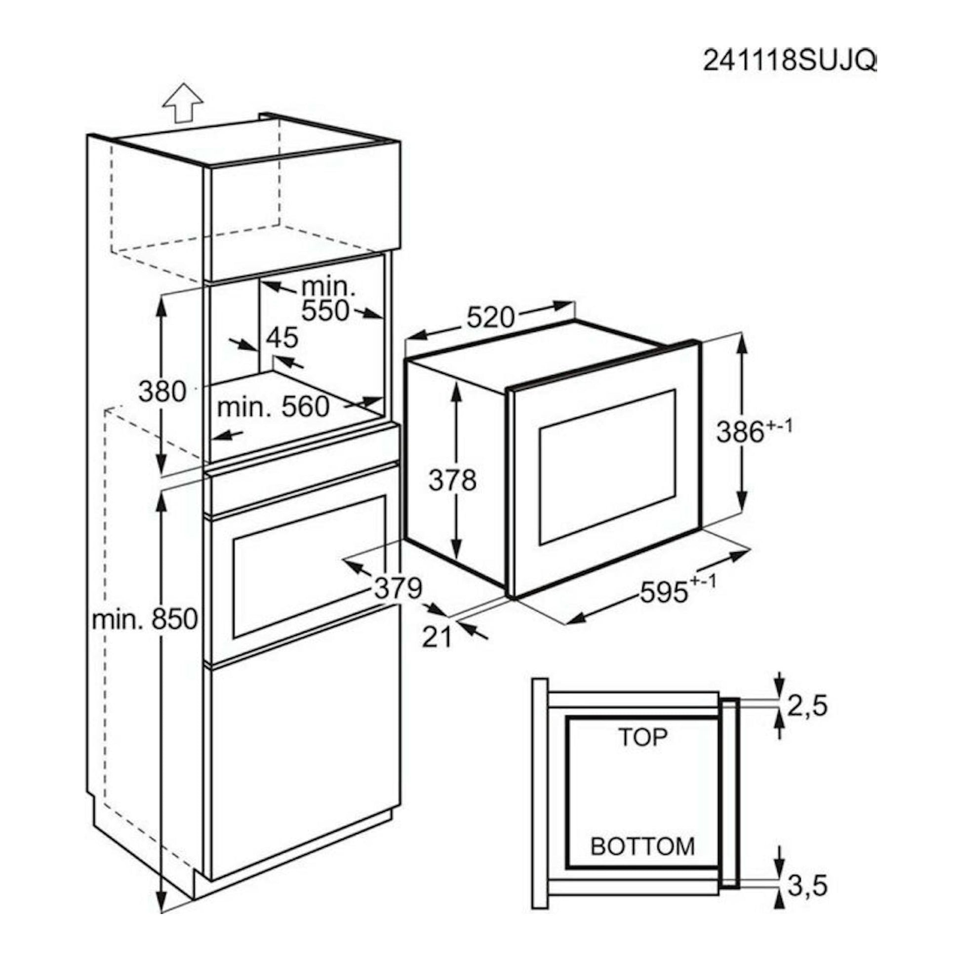 Esquema de instalación de microondas integrable AEG TMS5G25IEM, vista frontal y lateral, con medidas.