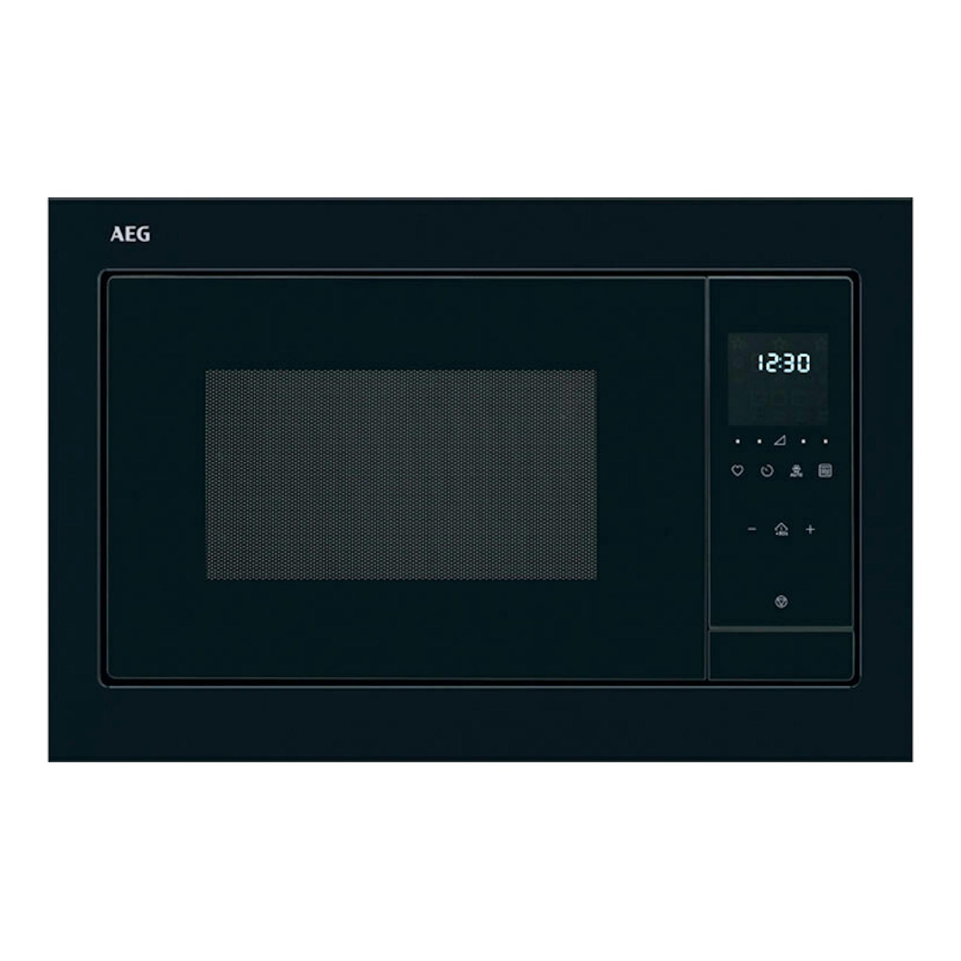 Microondas integrable AEG TS5GM25EB negro, vista frontal, con panel digital y reloj 12:30.