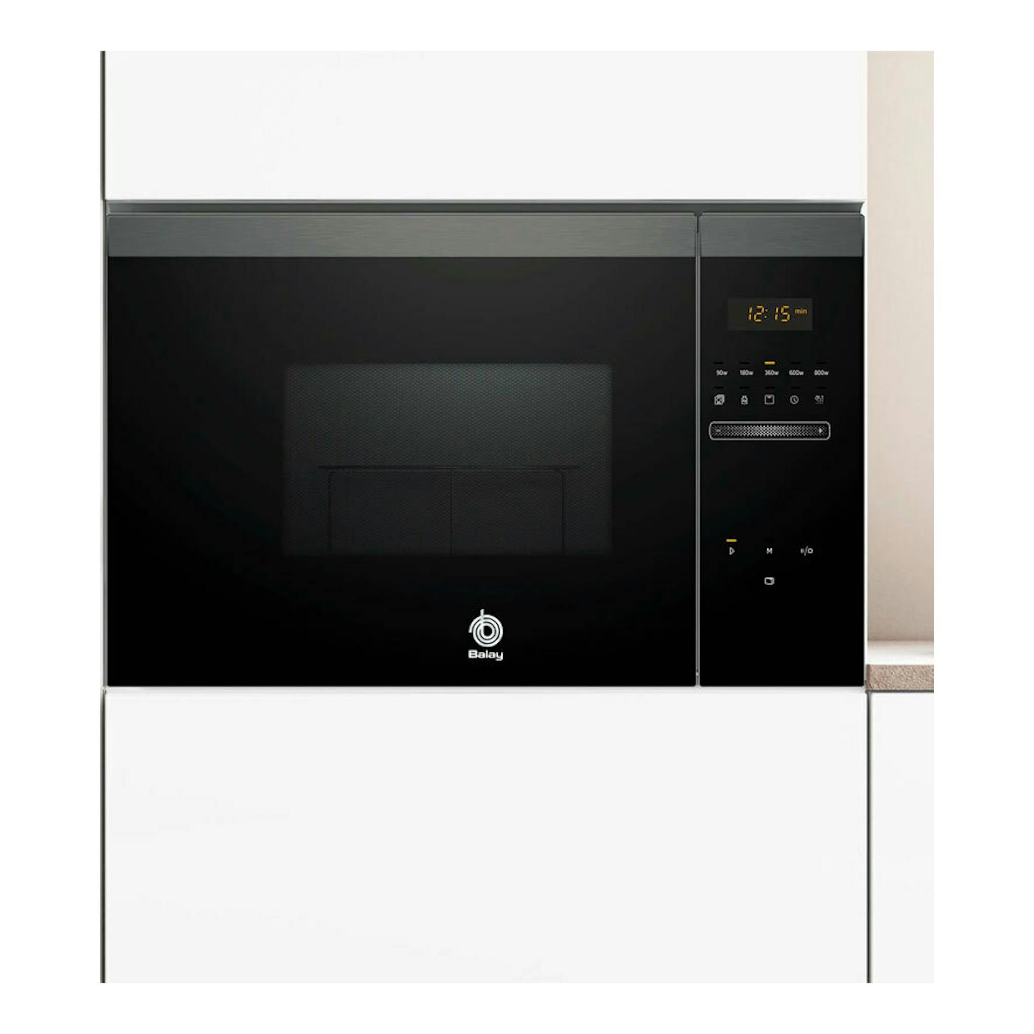 Microondas integrable Balay 3CG4175G3 grafito, vista frontal, puerta negra y panel digital a la derecha.