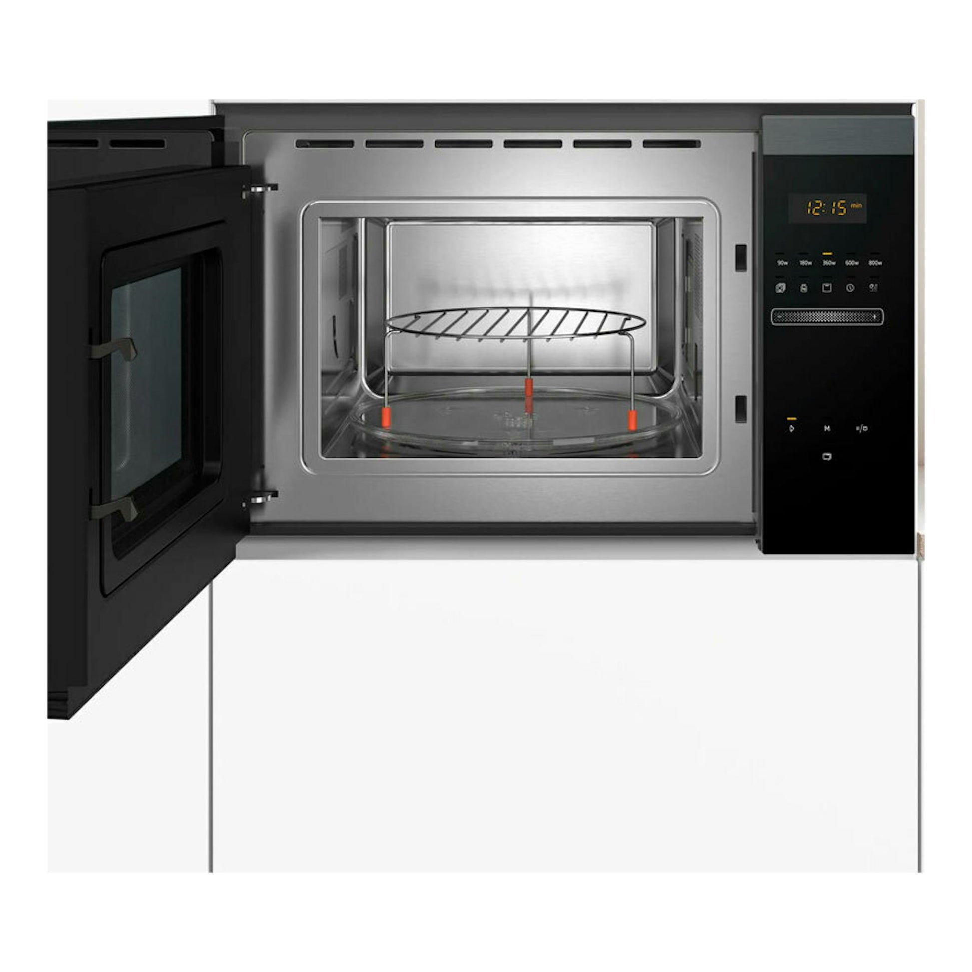 Microondas integrable Balay 3CG4175G3 grafito, vista frontal con puerta abierta e interior de acero inoxidable.
