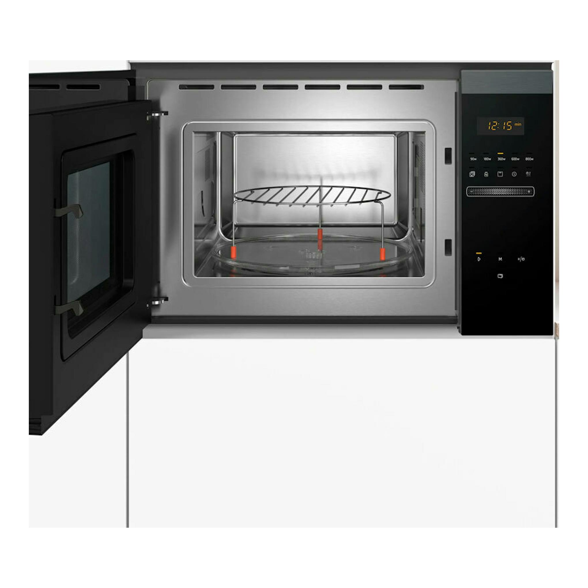 Microondas integrable Balay 3CG4175G3 grafito, vista frontal con puerta abierta e interior de acero inoxidable.