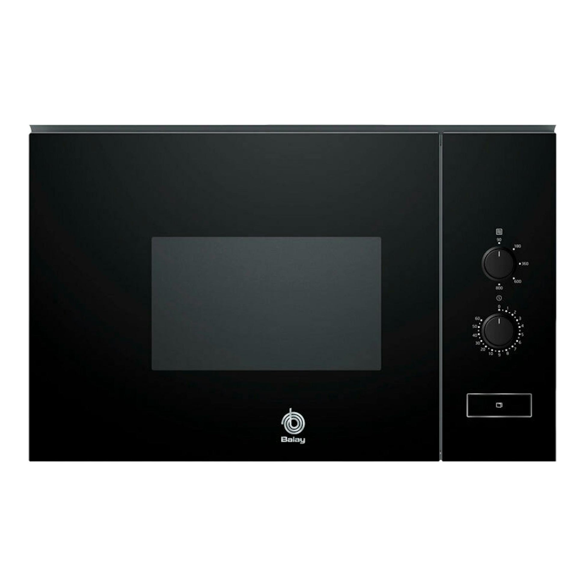 Microondas integrable Balay 3CP5002N3 en cristal negro, vista frontal, con dos mandos y pantalla central.