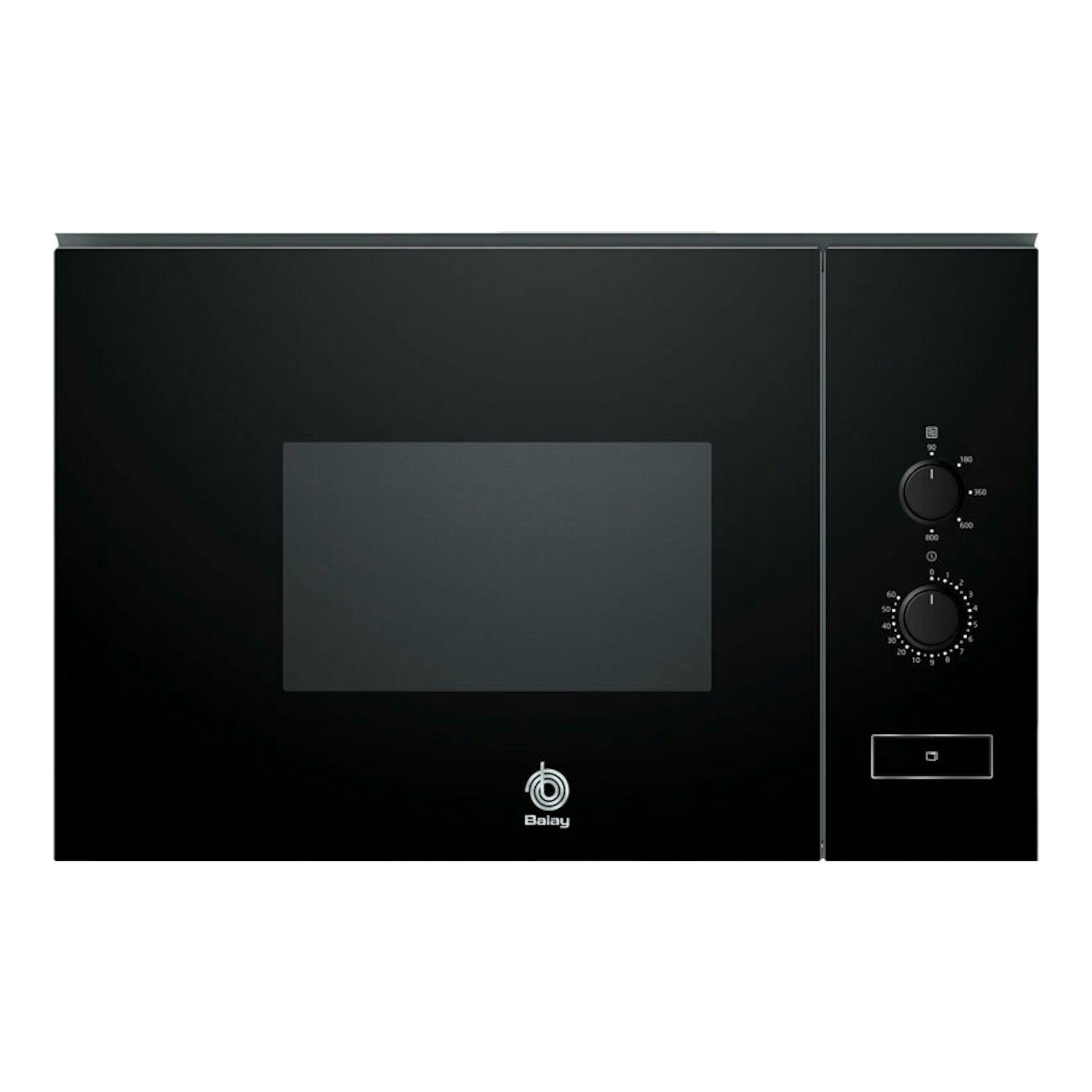 Microondas integrable Balay 3CP5002N3 en cristal negro, vista frontal, con dos mandos y pantalla central.