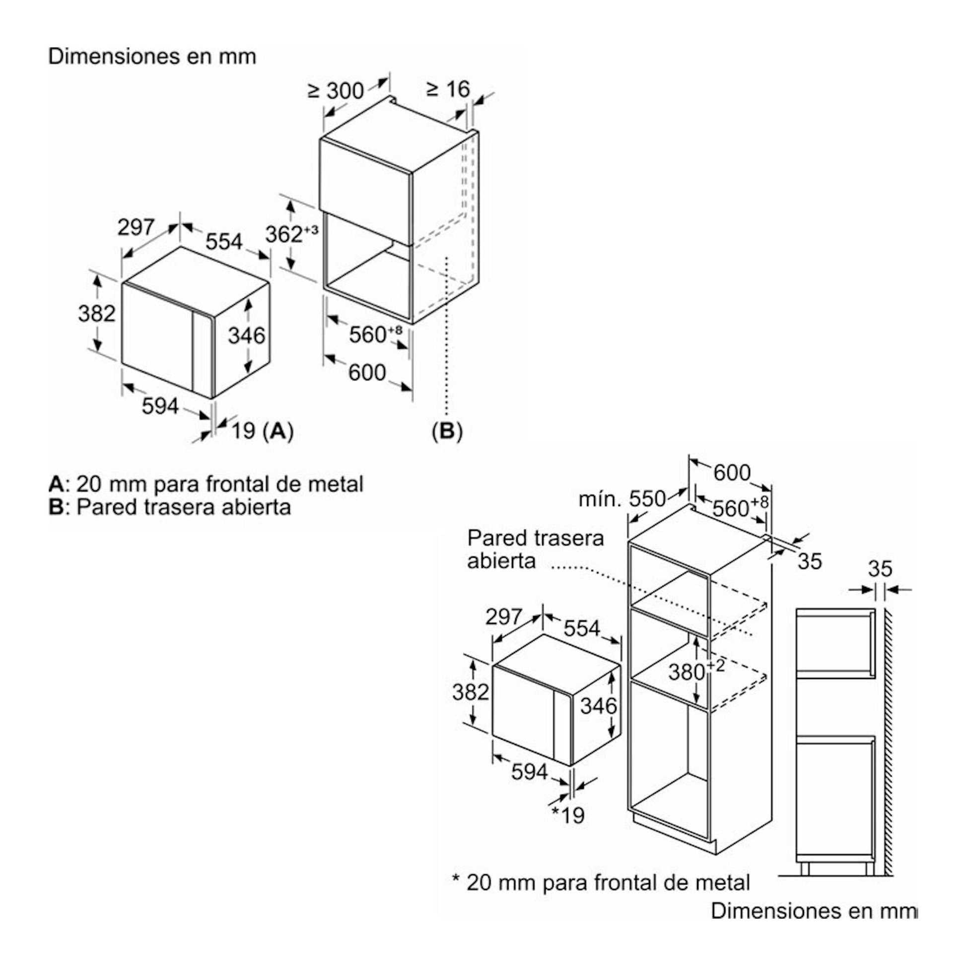 Diagrama de dimensiones del microondas integrable Balay 3CP5002N3, vista técnica, medidas en mm.