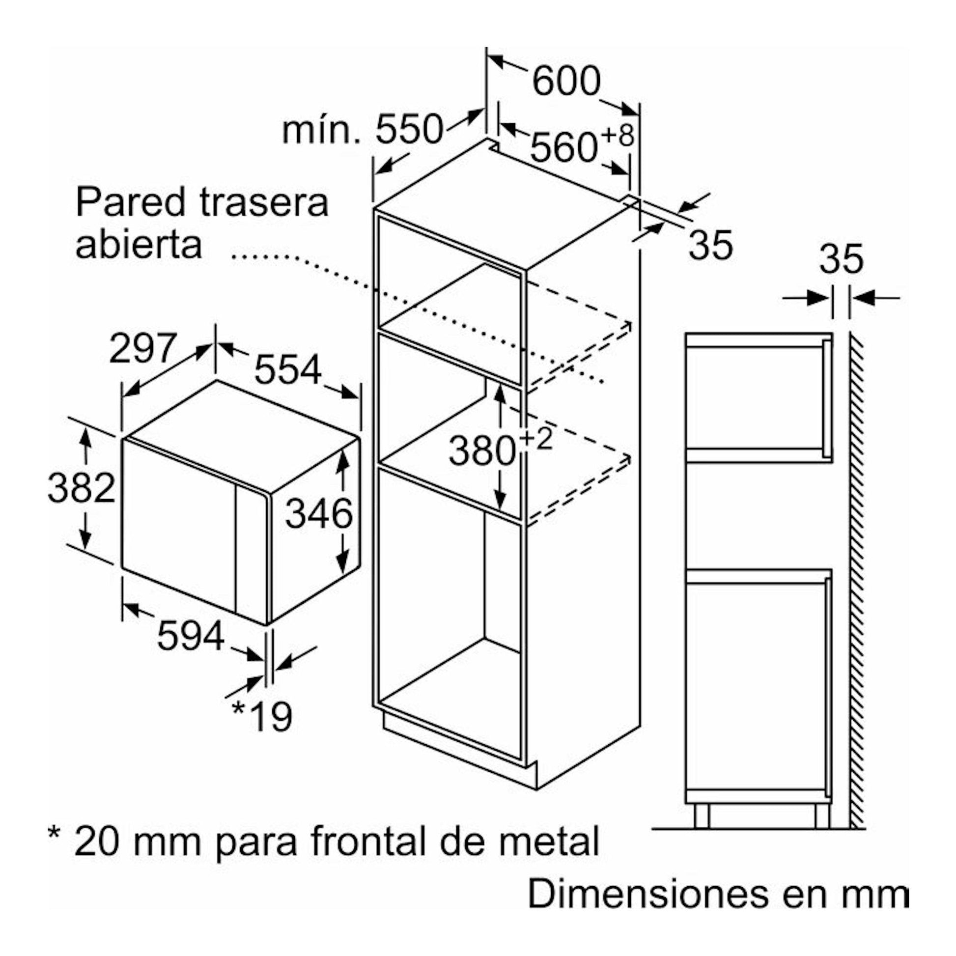 Esquema técnico en blanco y negro del microondas integrable Bosch BFL524MB0 con medidas de instalación.