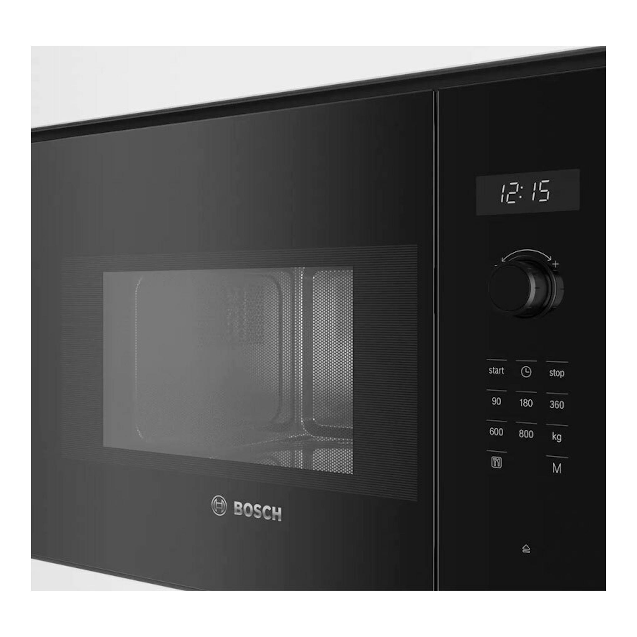 Microondas integrable Bosch BFL524MB0 negro, vista frontal en ángulo, con panel digital y puerta de vidrio.