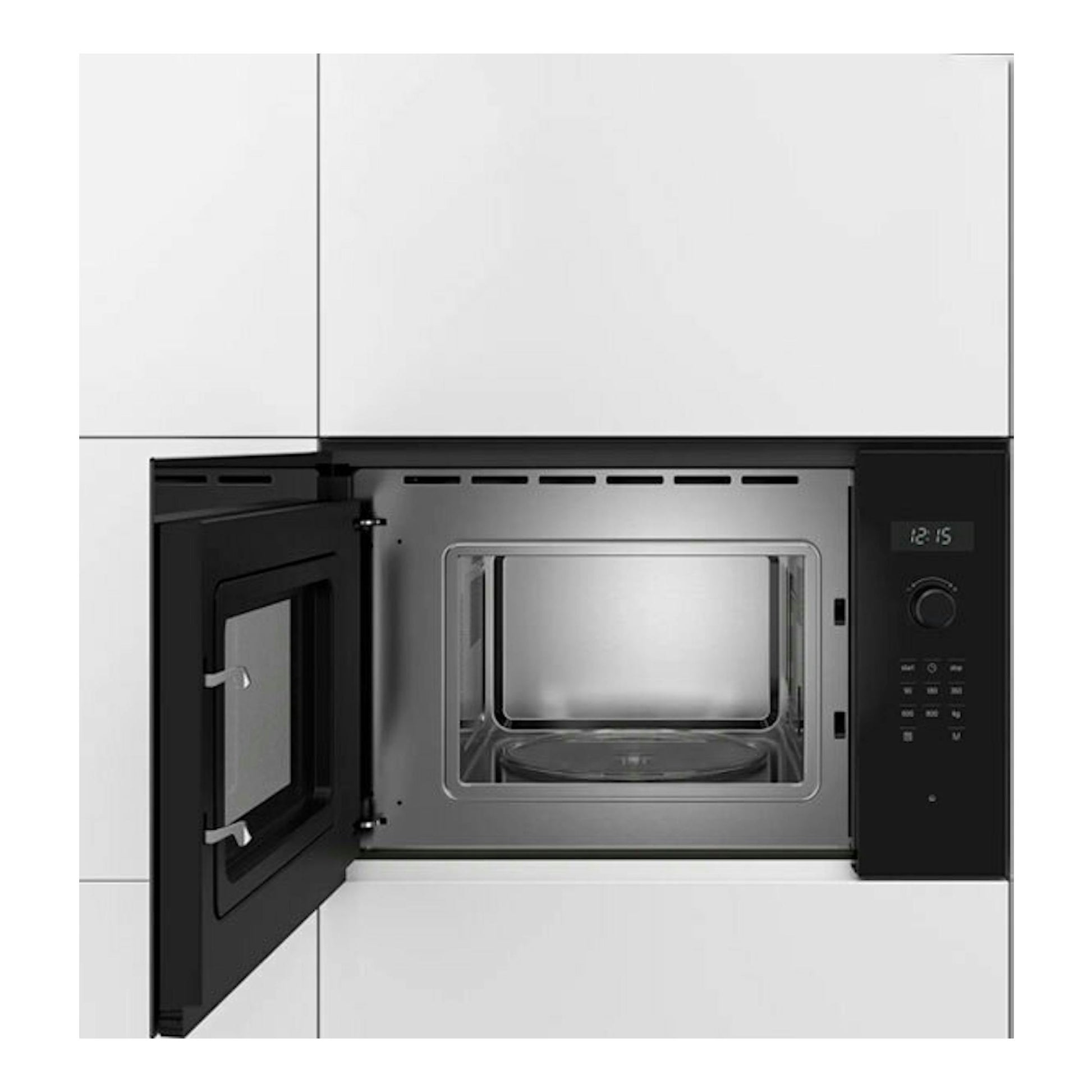 Microondas integrable Bosch BFL524MB0 negro, vista frontal con la puerta abierta y panel digital.