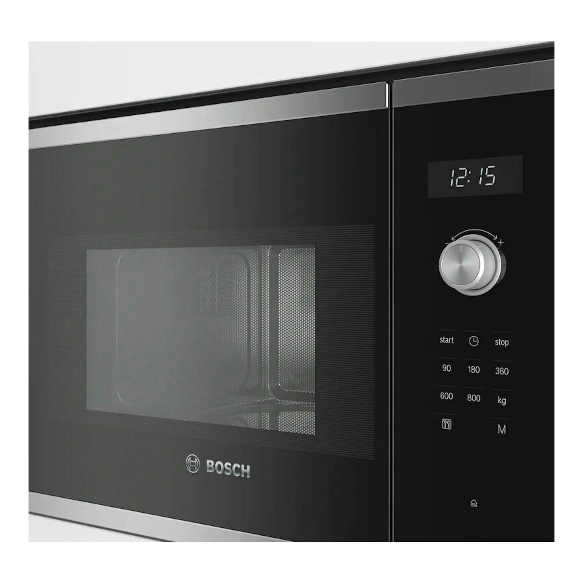Microondas integrable Bosch BFL524MS0, frontal, negro e inox, con display digital y mando giratorio.