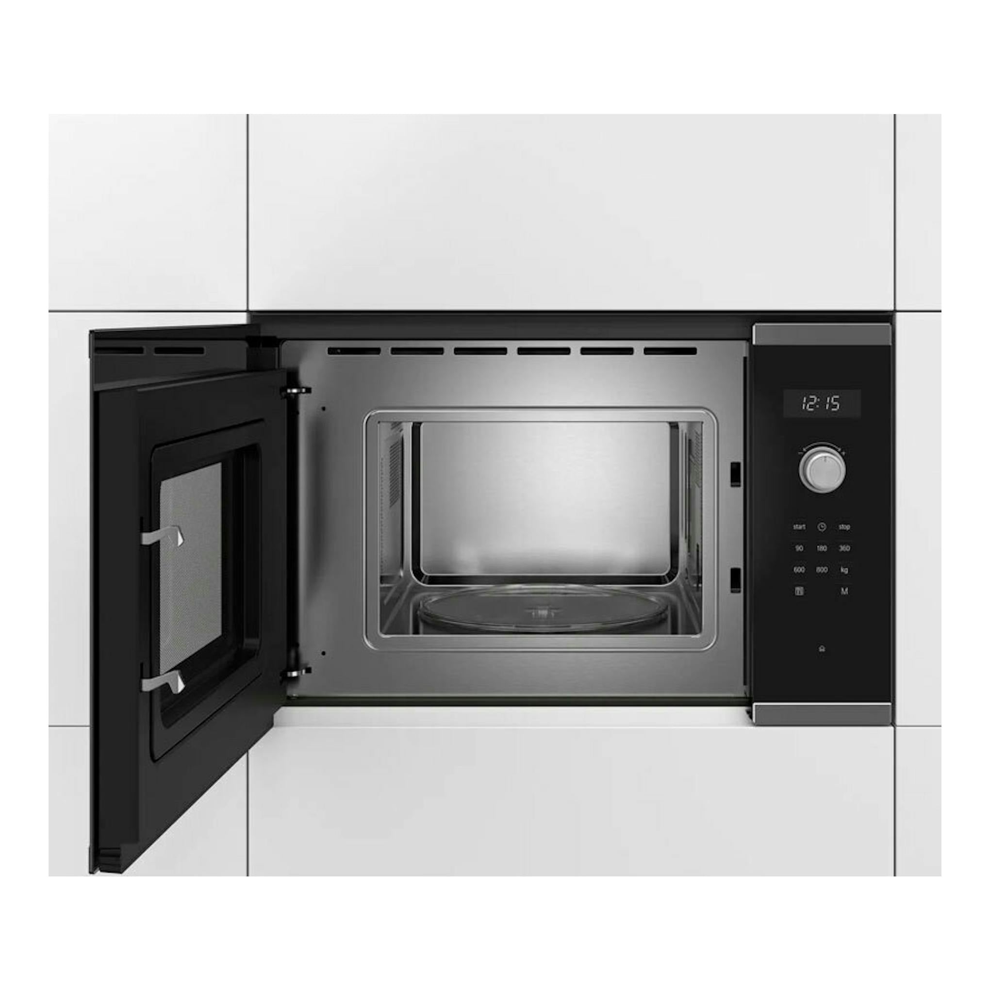 Microondas integrable Bosch BFL524MS0 inox, puerta abierta, vista frontal.