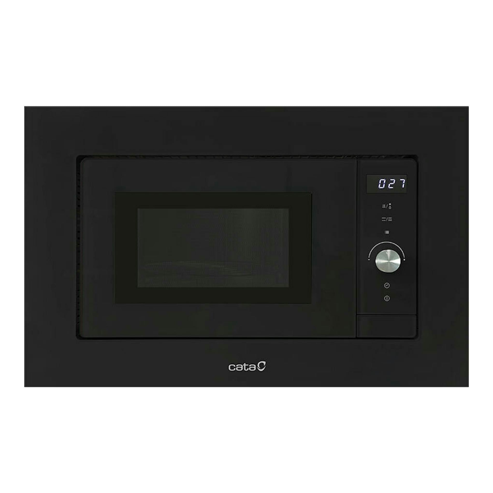 Microondas integrable Cata MC20D BK negro, vista frontal, con puerta de cristal y panel digital lateral.