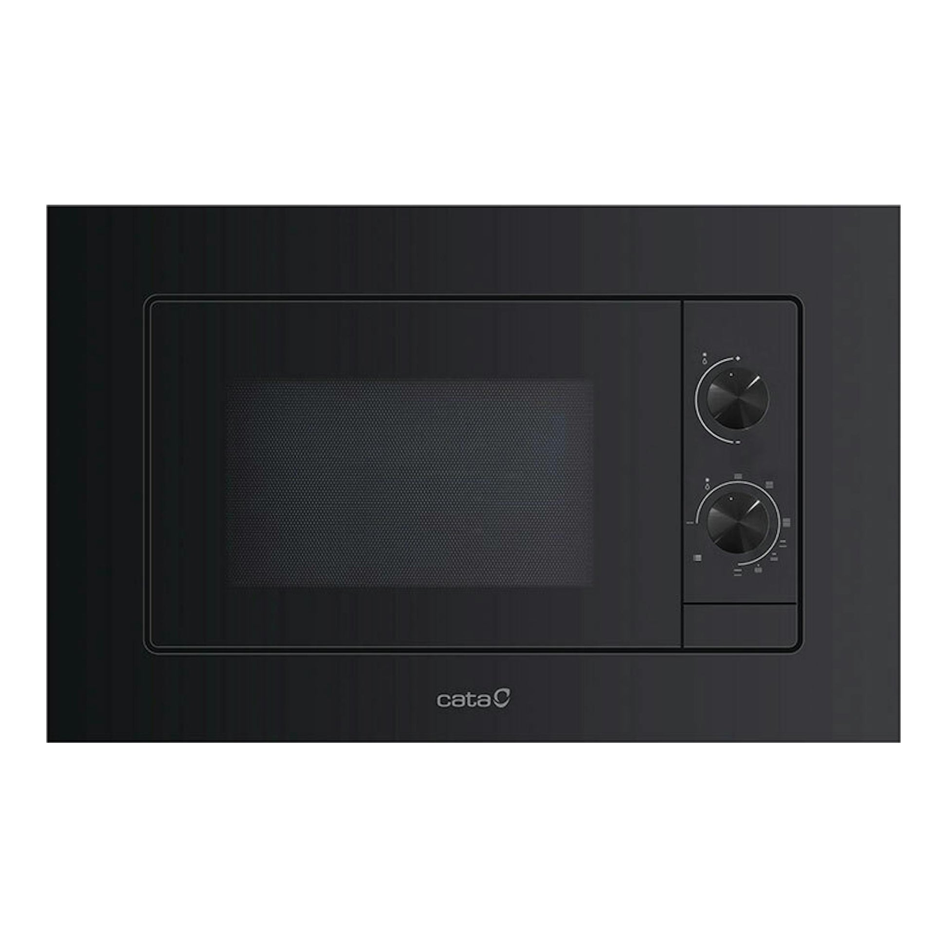 Microondas integrable Cata MC20M BK negro, vista frontal, con puerta de cristal y dos mandos a la derecha.