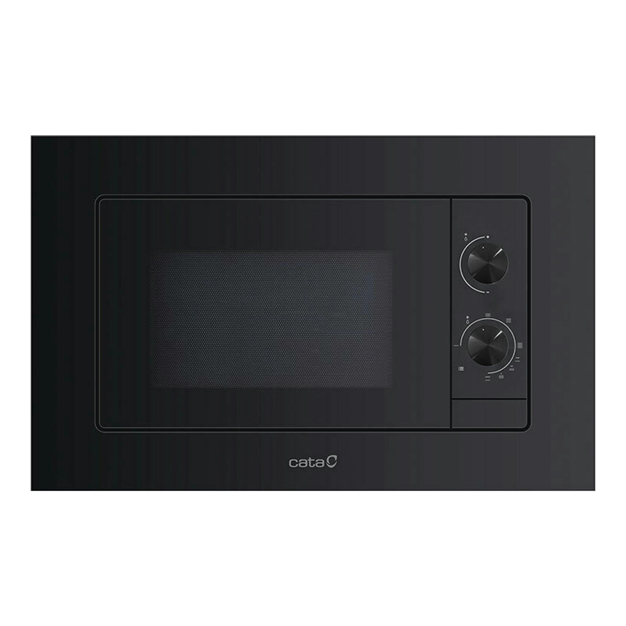 Microondas integrable Cata MC20M BK negro, vista frontal, con puerta de cristal y dos mandos a la derecha.