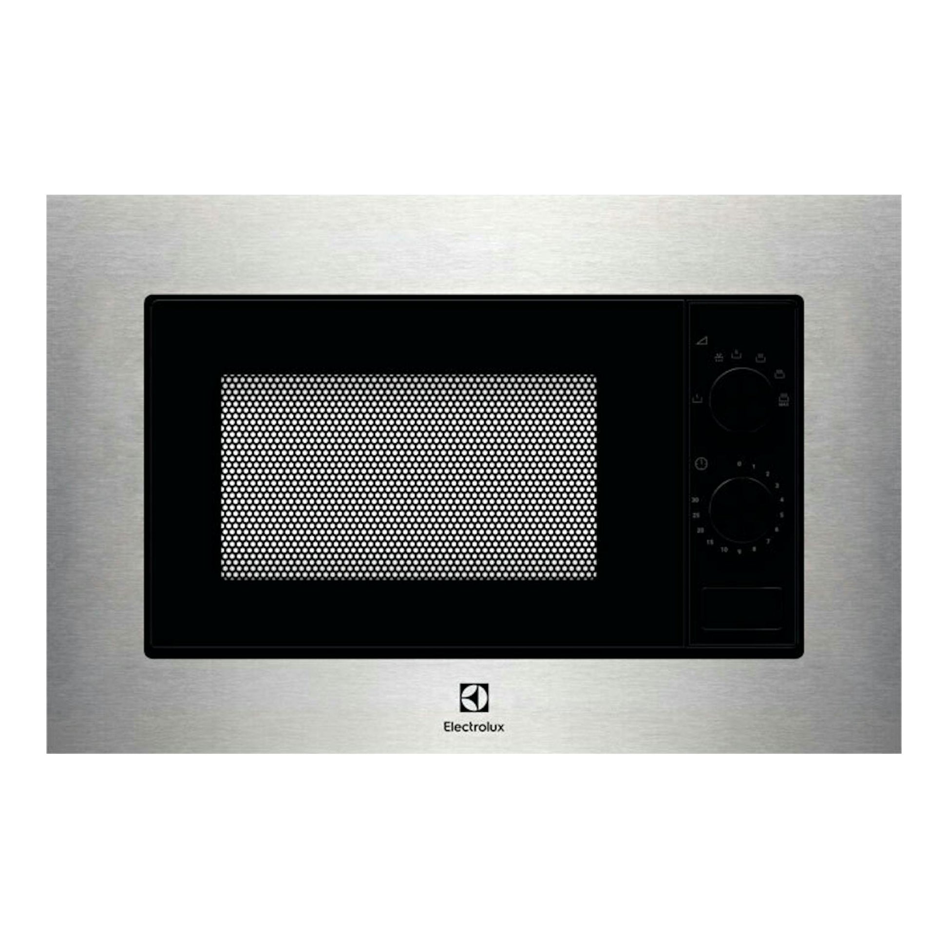 Microondas integrable Electrolux KMSE173MMX en inox, vista frontal, puerta negra y panel de control lateral derecho.