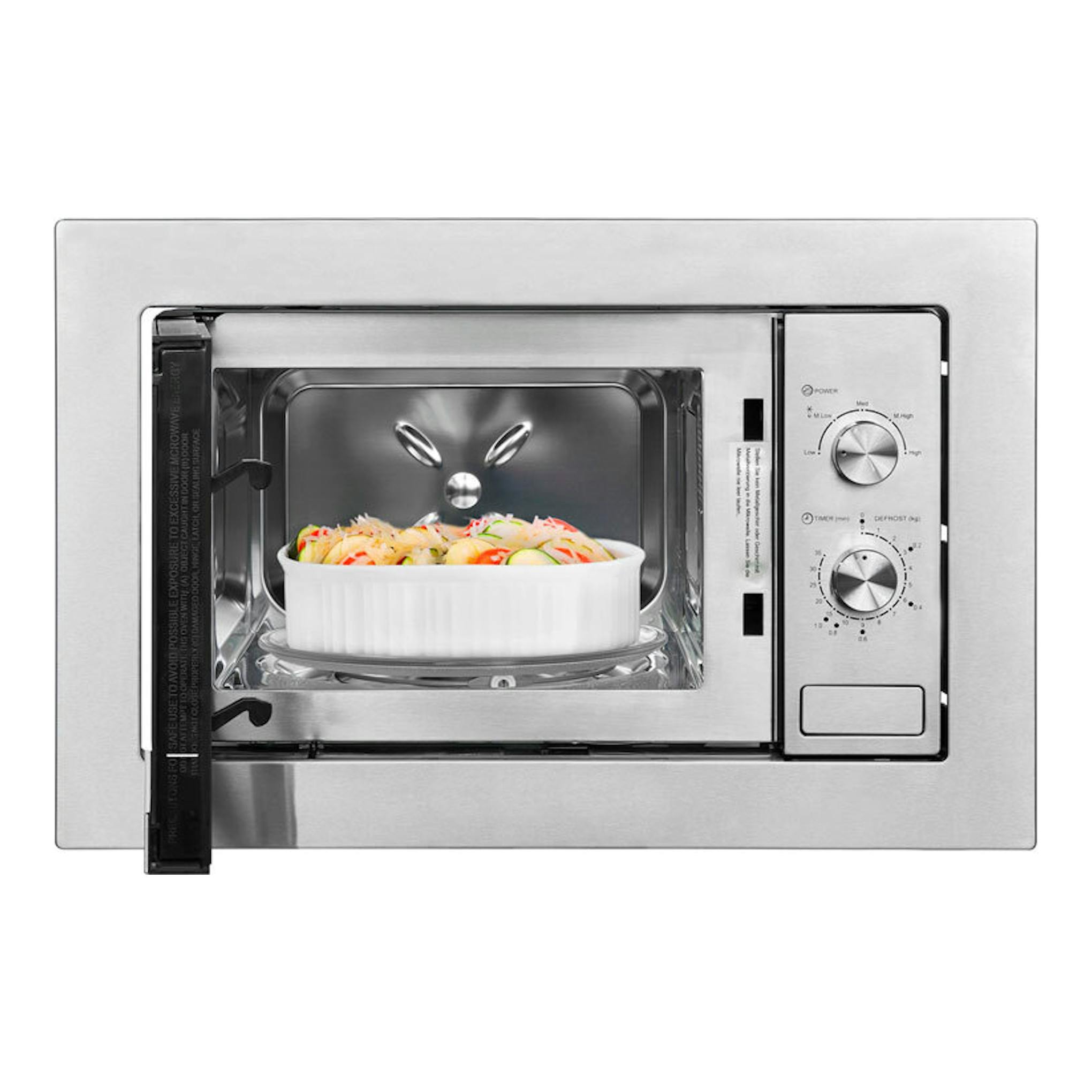 Microondas integrable Exquisit EMW 10-020 inox, vista frontal con puerta abierta.