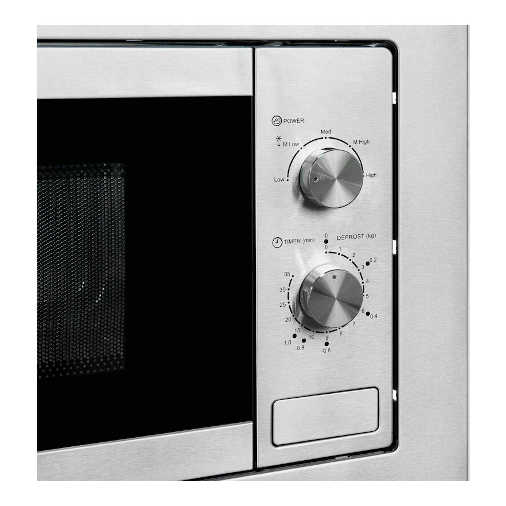 Microondas integrable Exquisit EMW 10-020 Inox, frontal en acero inoxidable, con dos mandos y puerta negra.