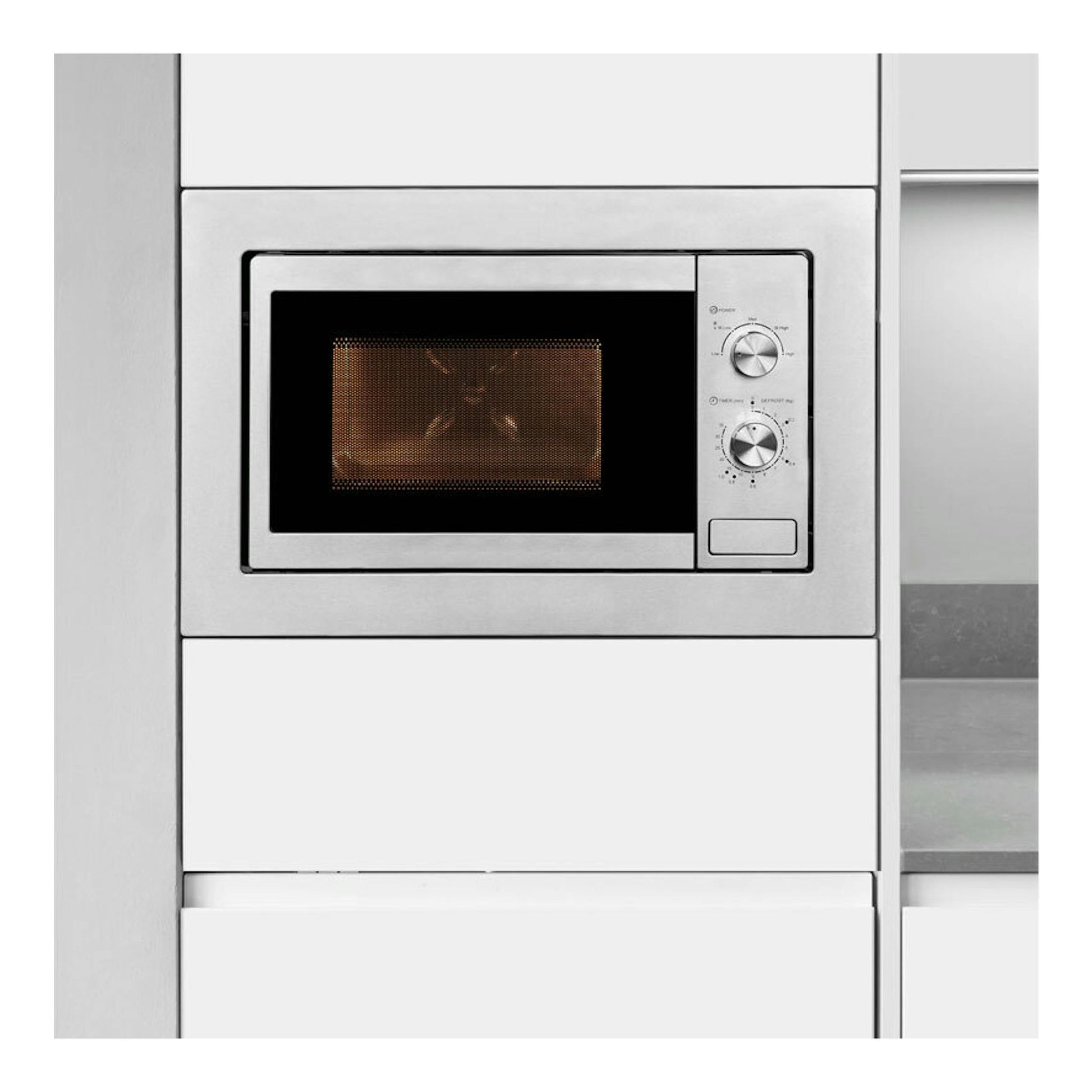 Microondas integrable Exquisit EMW 10-020 inox, vista frontal, acabado plateado con dos mandos.