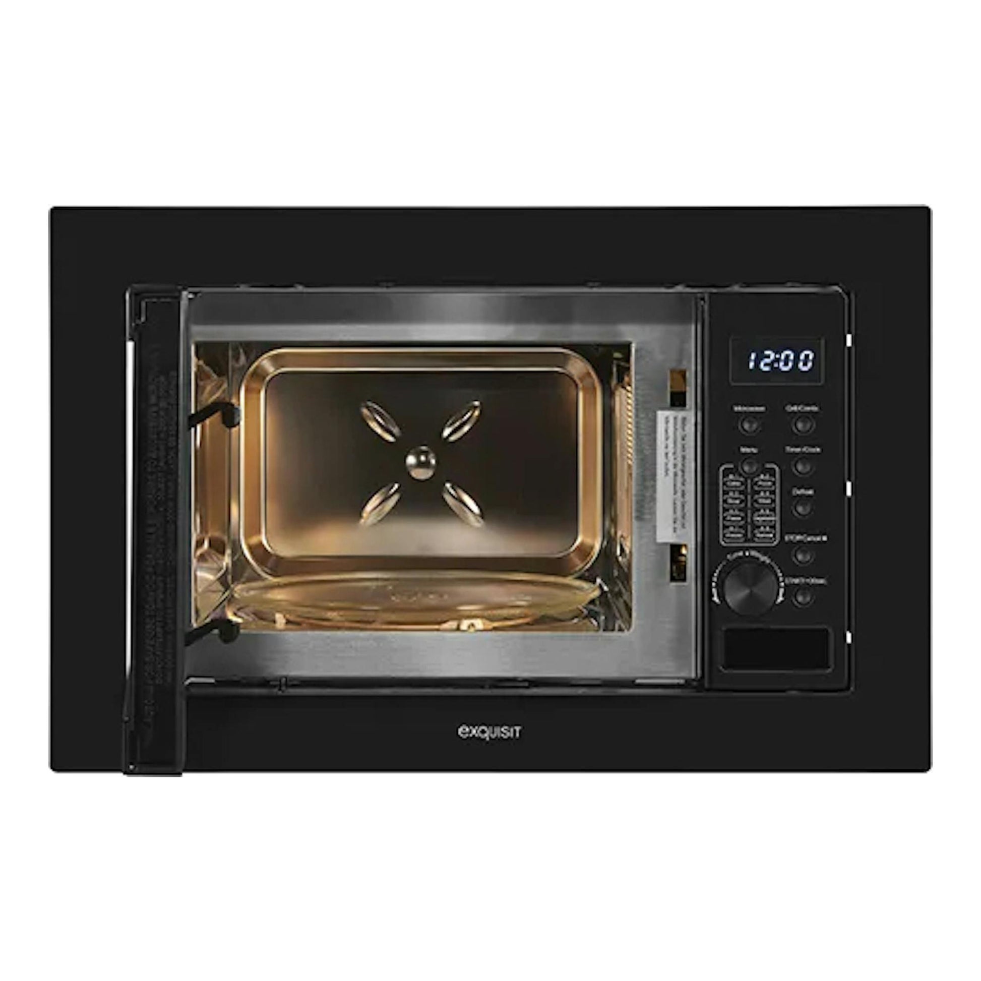 Microondas integrable Exquisit EMW20-DG-020 negro, vista frontal, con display digital e interior metálico visible.
