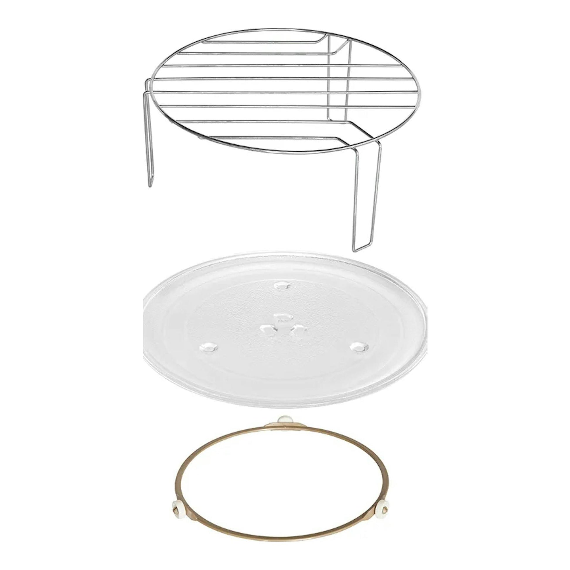 Accesorios para microondas Exquisit EMW20-DG-020: rejilla metálica, plato de vidrio y aro giratorio.