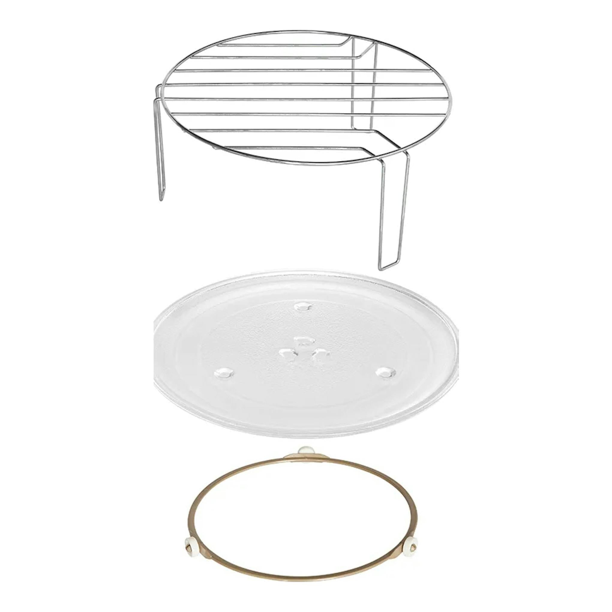 Accesorios para microondas Exquisit EMW20-DG-020: rejilla metálica, plato de vidrio y aro giratorio.
