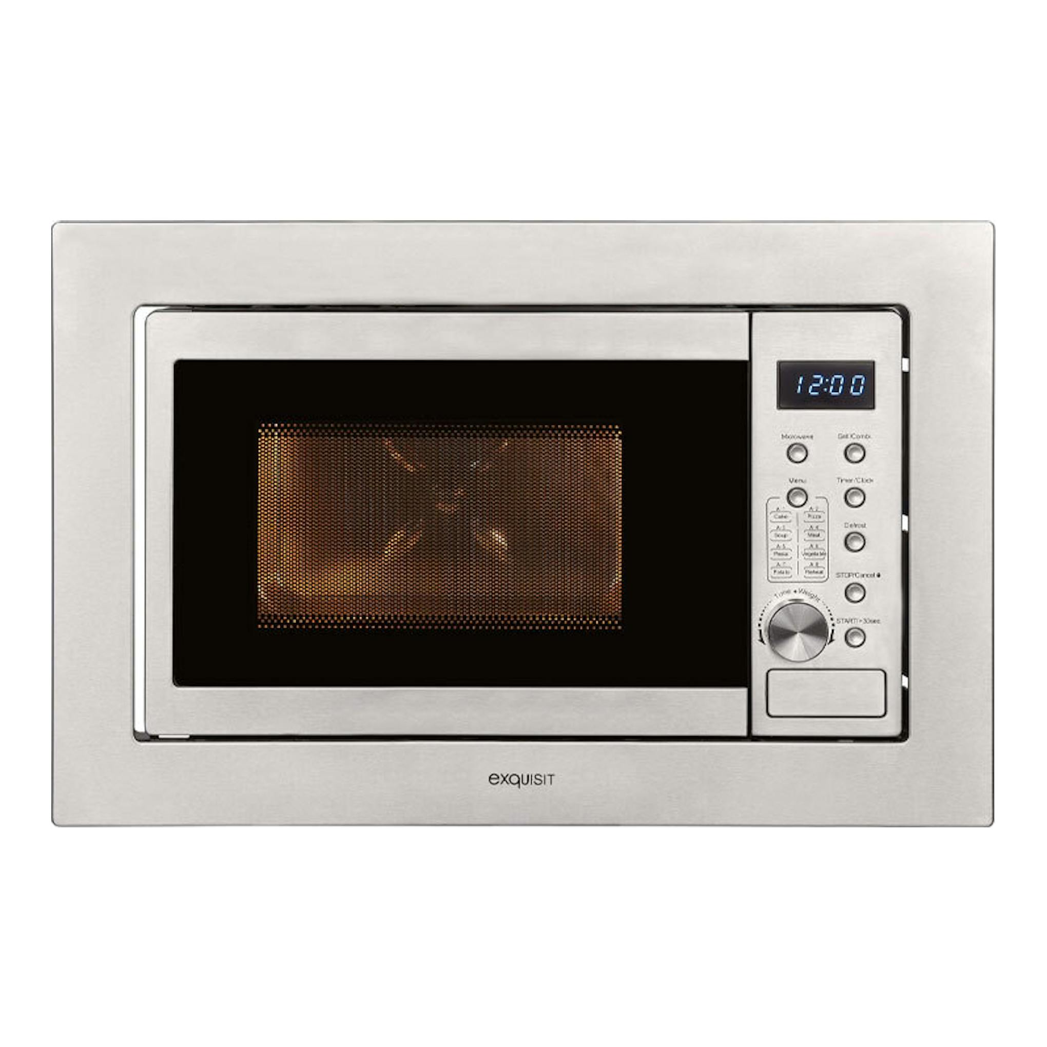 Microondas integrable Exquisit EMW20DG020 en inox, vista frontal, con panel digital a la derecha.