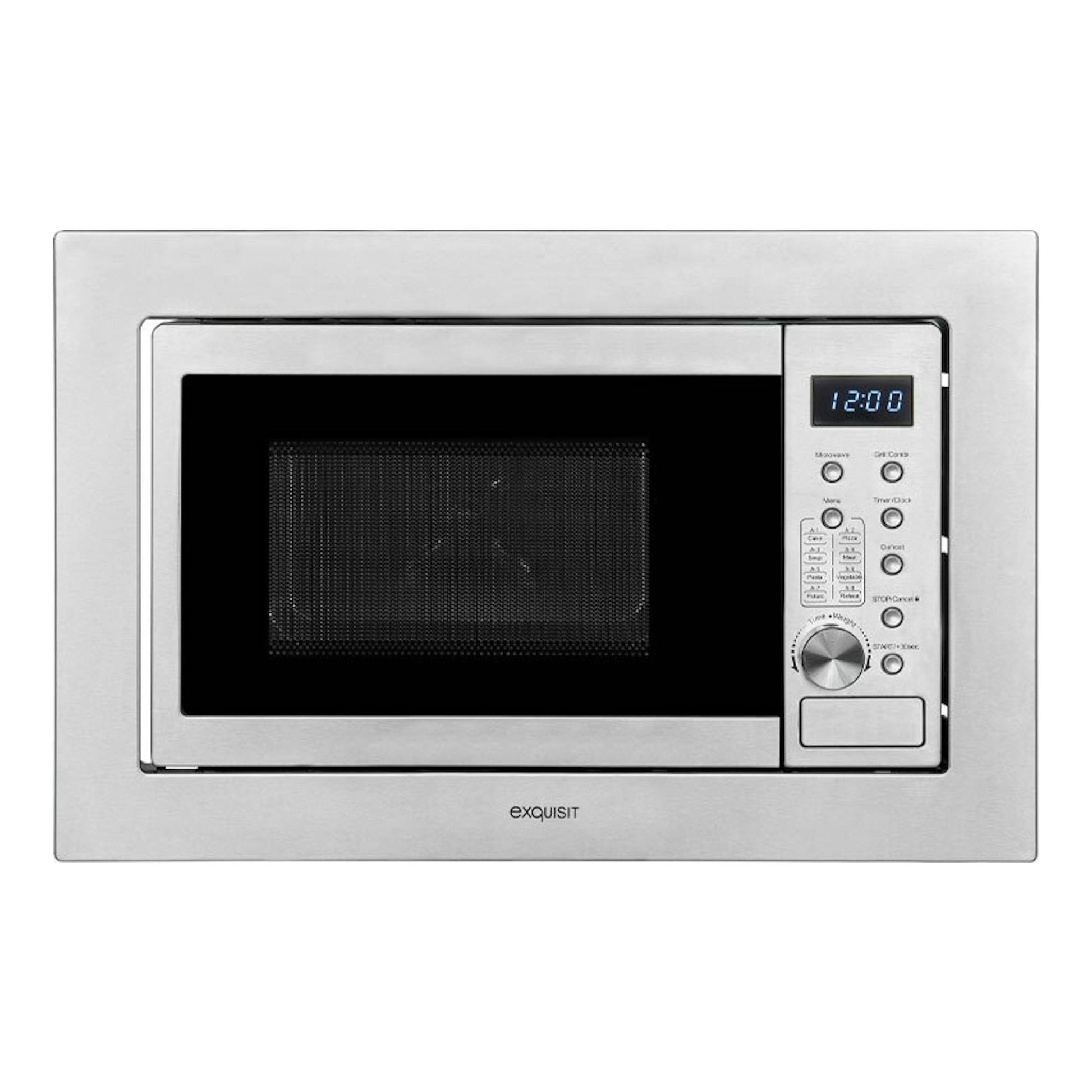 Microondas integrable Exquisit en acero inox, vista frontal, con panel digital y puerta negra.