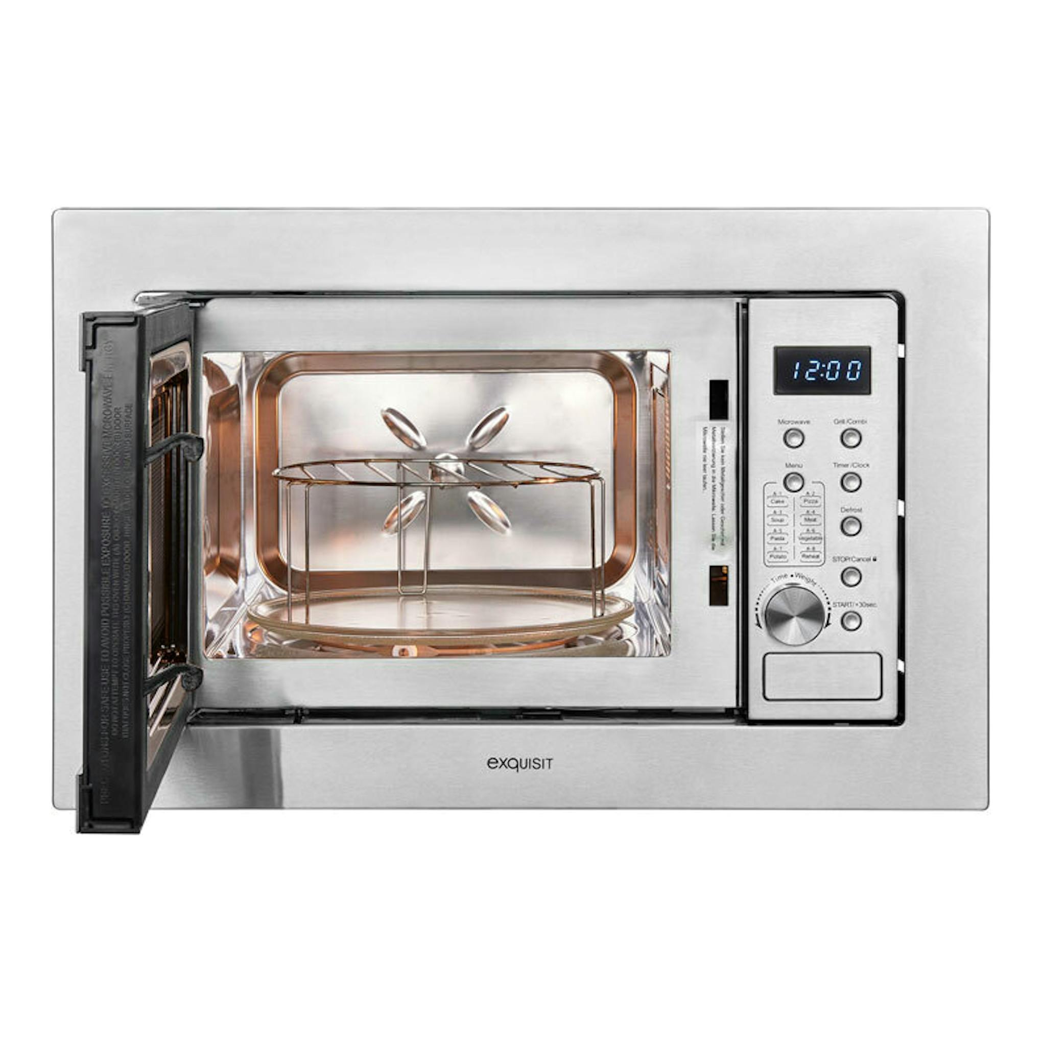 Microondas integrable Exquisit EMW20DG020 en inox, vista frontal con puerta abierta y panel digital.