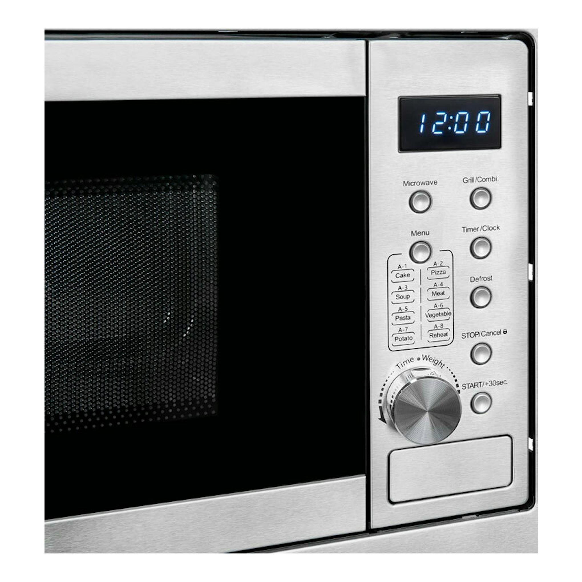 Microondas integrable Exquisit EMW20DG020 inox, vista frontal parcial, puerta negra y panel con display 12:00.