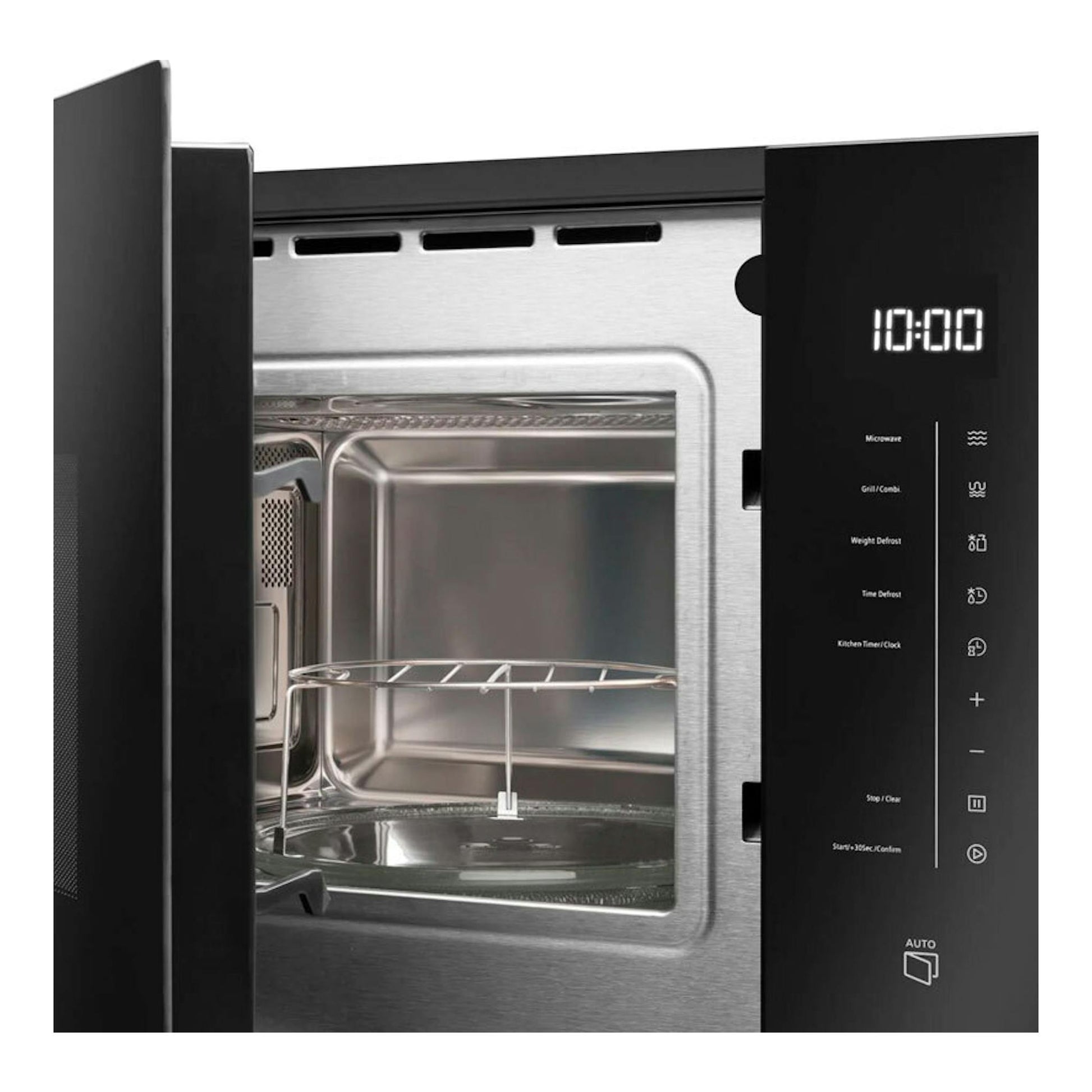 Microondas integrable Fagor 4MWB-25BTCGN inox, vista frontal con puerta abierta y panel negro.