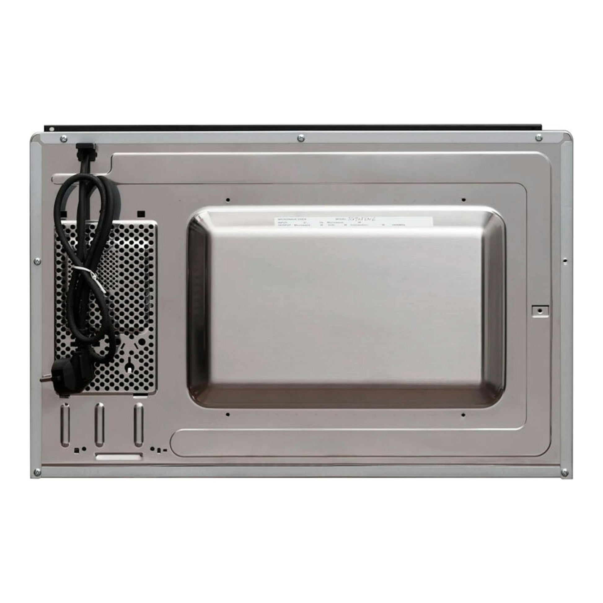 Microondas integrable Fagor 4MWB-25BTCGN inox, vista trasera en acero inoxidable con cable a la izquierda.