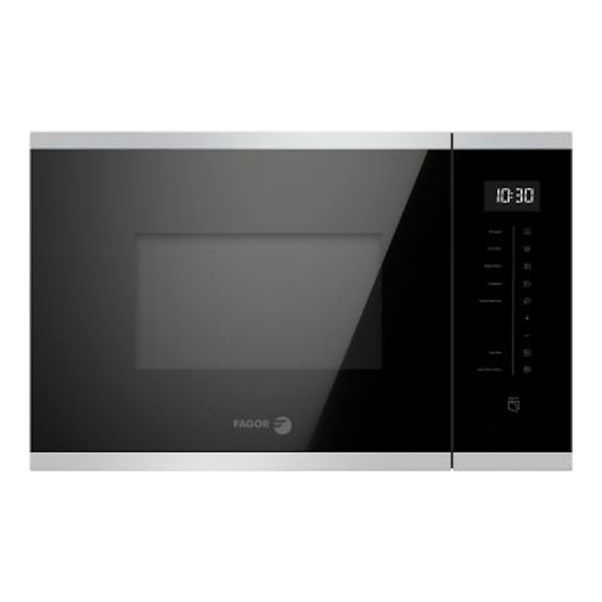 Microondas integrable Fagor 4MWB-25BTCGX, vista frontal, negro con marco inox y panel digital a la derecha.