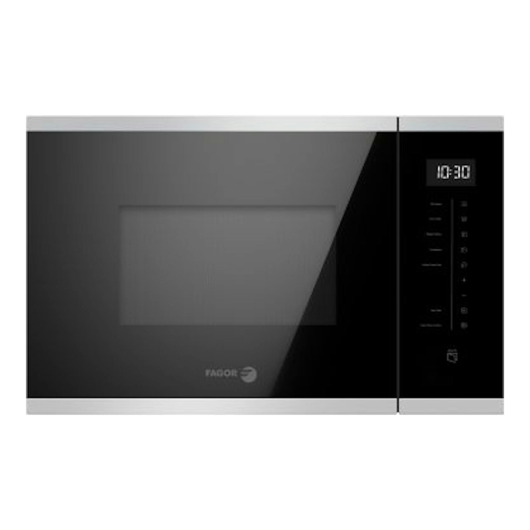 Microondas integrable Fagor 4MWB-25BTCGX, vista frontal, negro con marco inox y panel digital a la derecha.